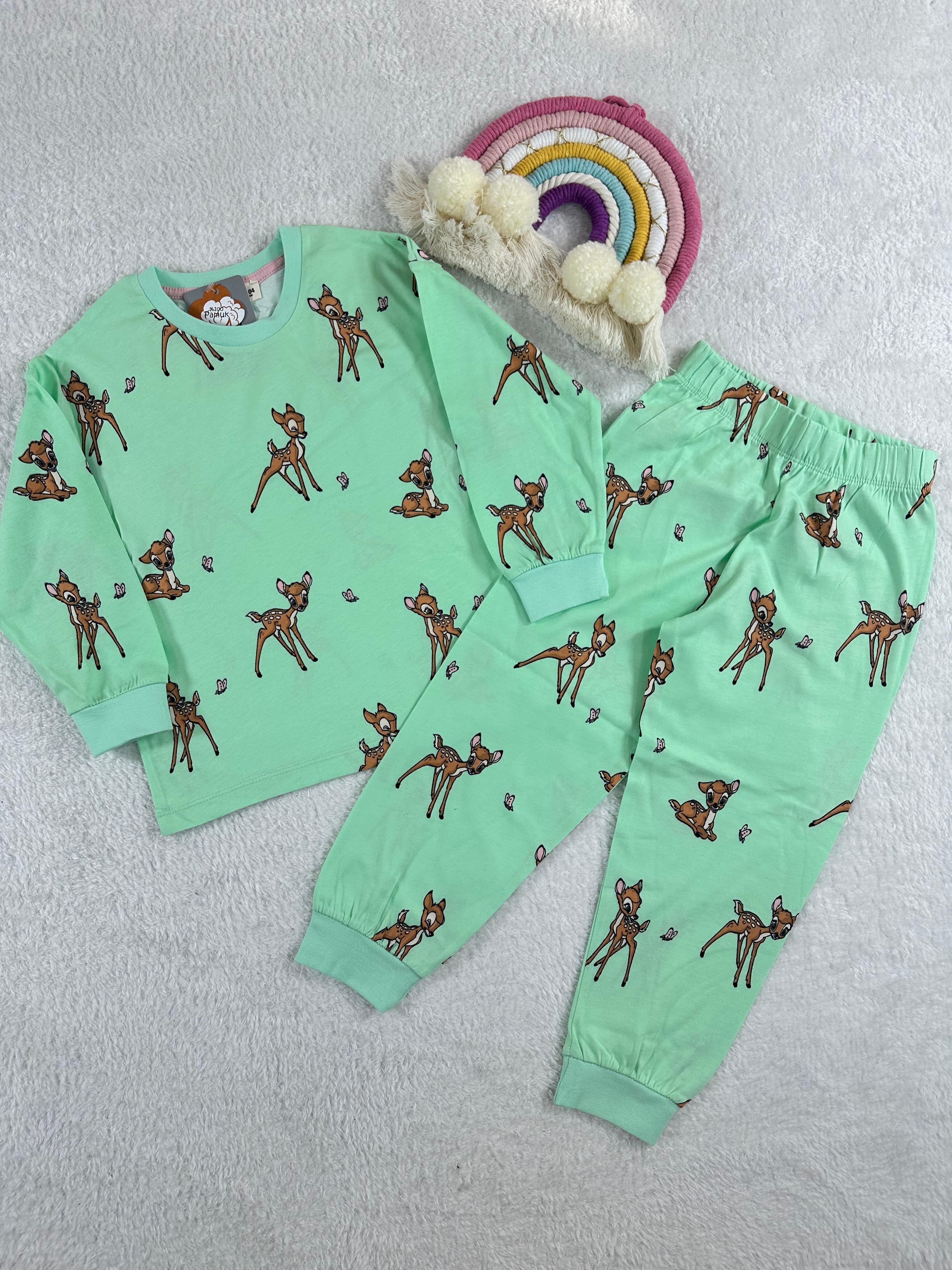 MinyKids Bambi Desen Su Yeşili Kız Çocuk Pijama Takım