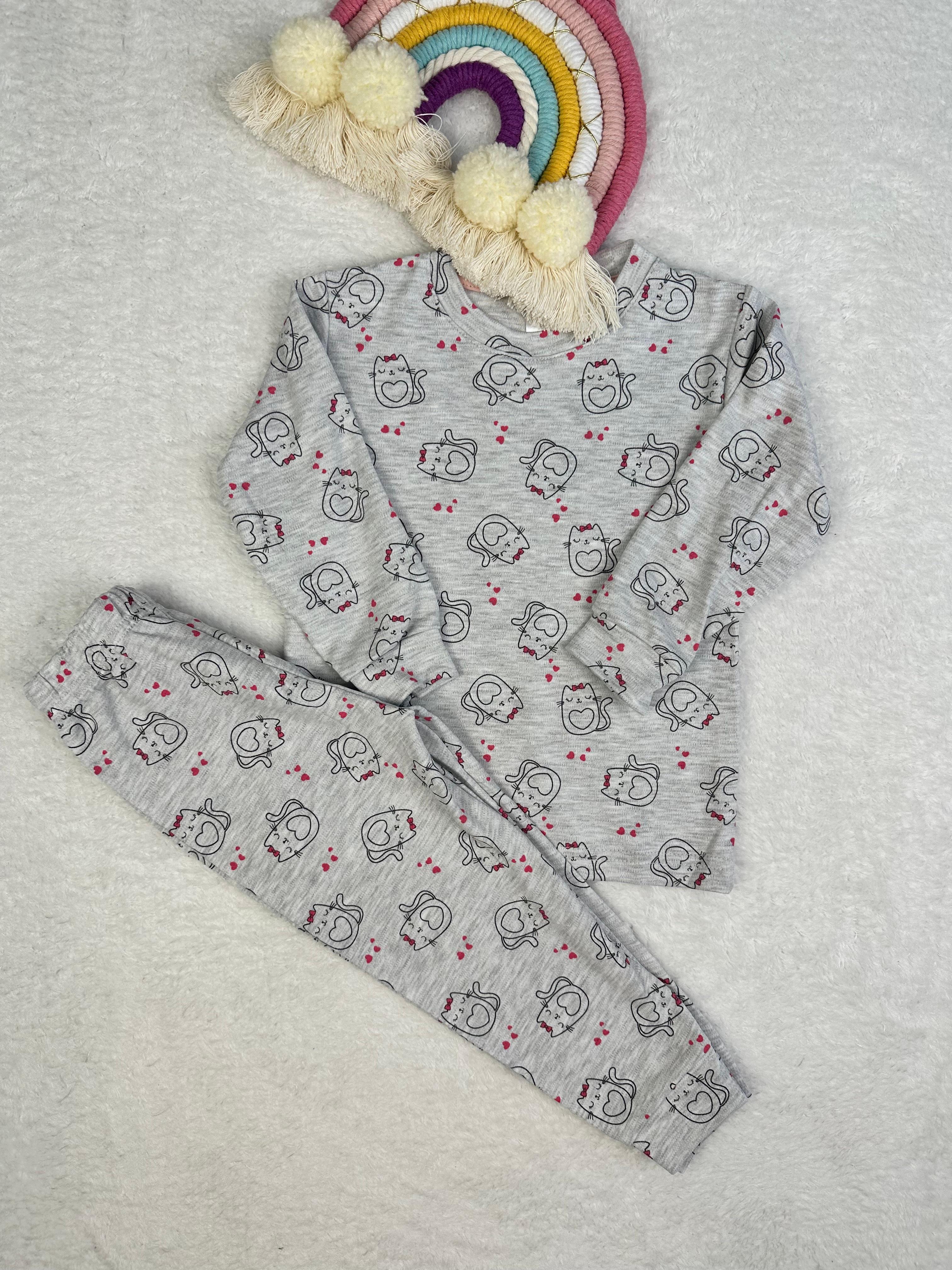 MinyKids Kedi Desen Gri Kız Çocuk Pijama Takım