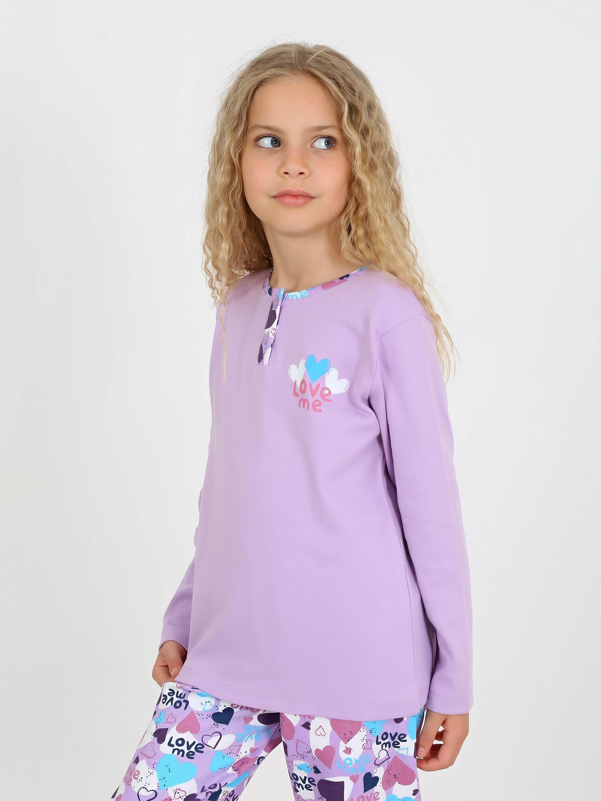 MinyKids Love Lila Düğme Detaylı Kız Çocuk Pijama Takım