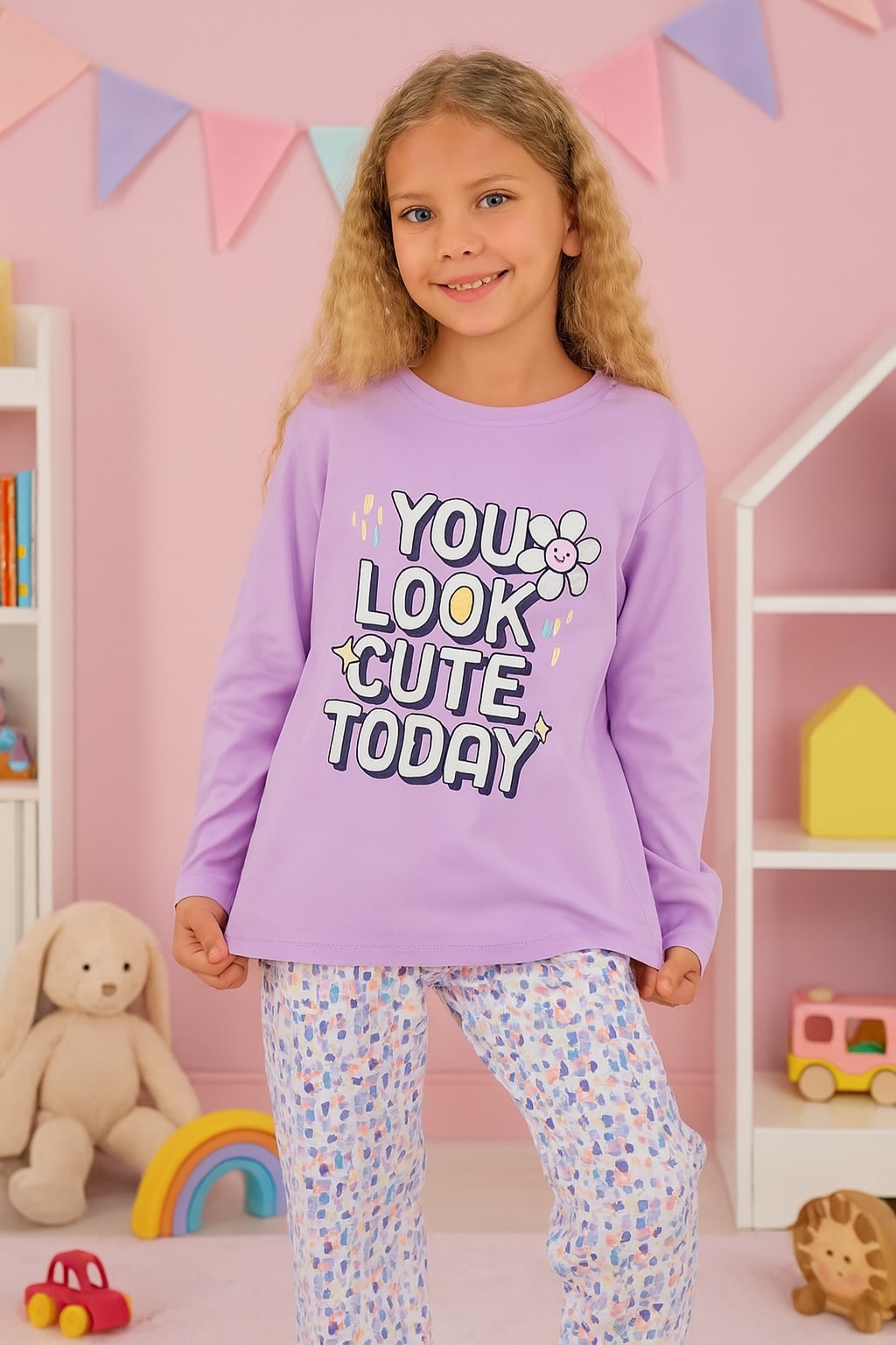 Çiçek Desen %100 Pamuk Lila Kız Çocuk Pijama Takım