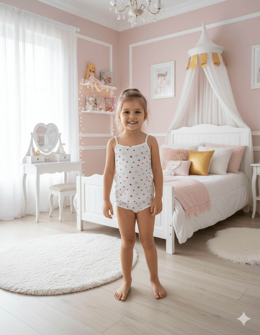 MinyKids Ekru Kalp Desen Kız Çocuk Atlet Külot Takım