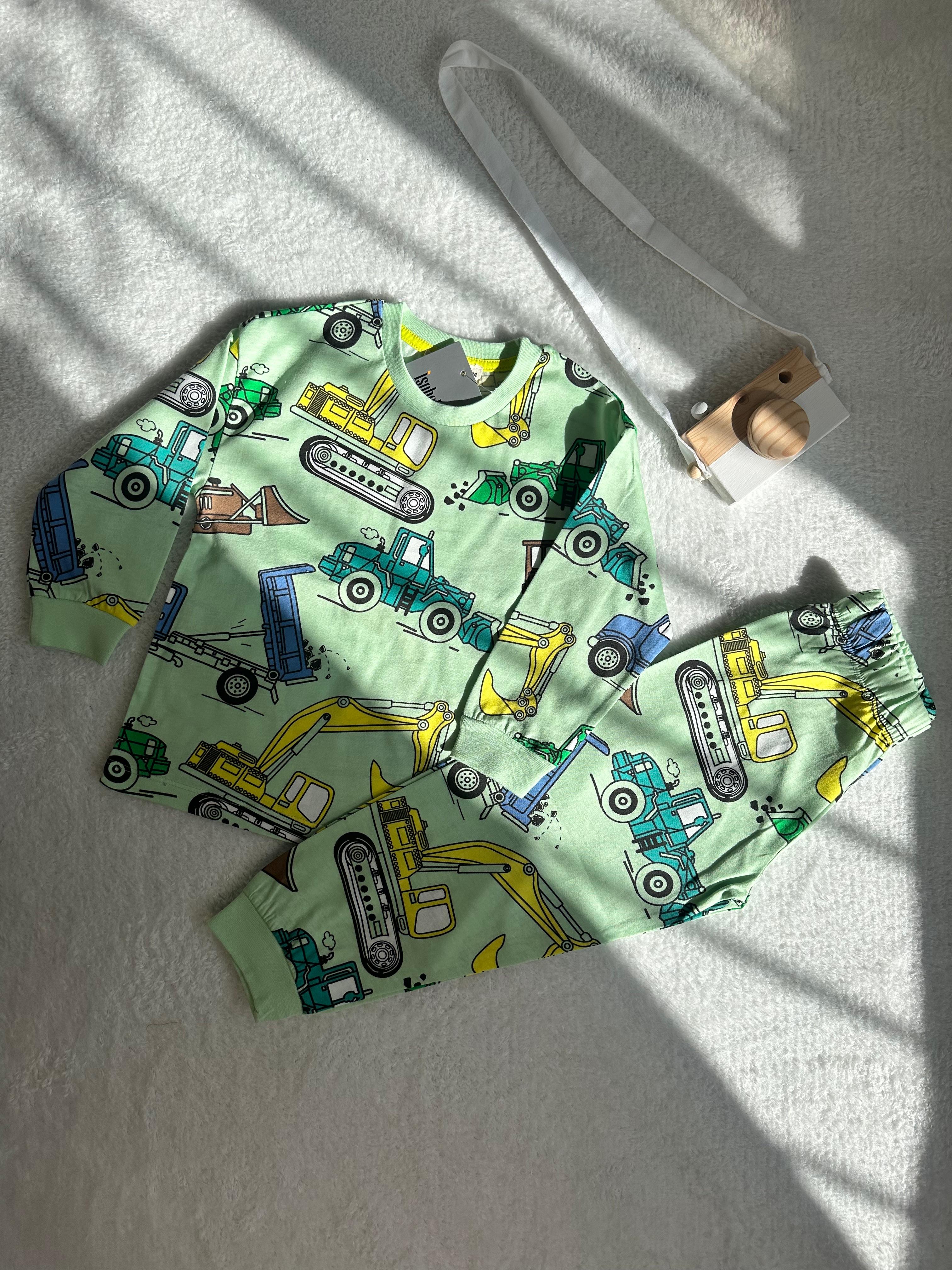 MinyKids İş Makinesi Desen Yeşil Erkek Çocuk Pijama Takım