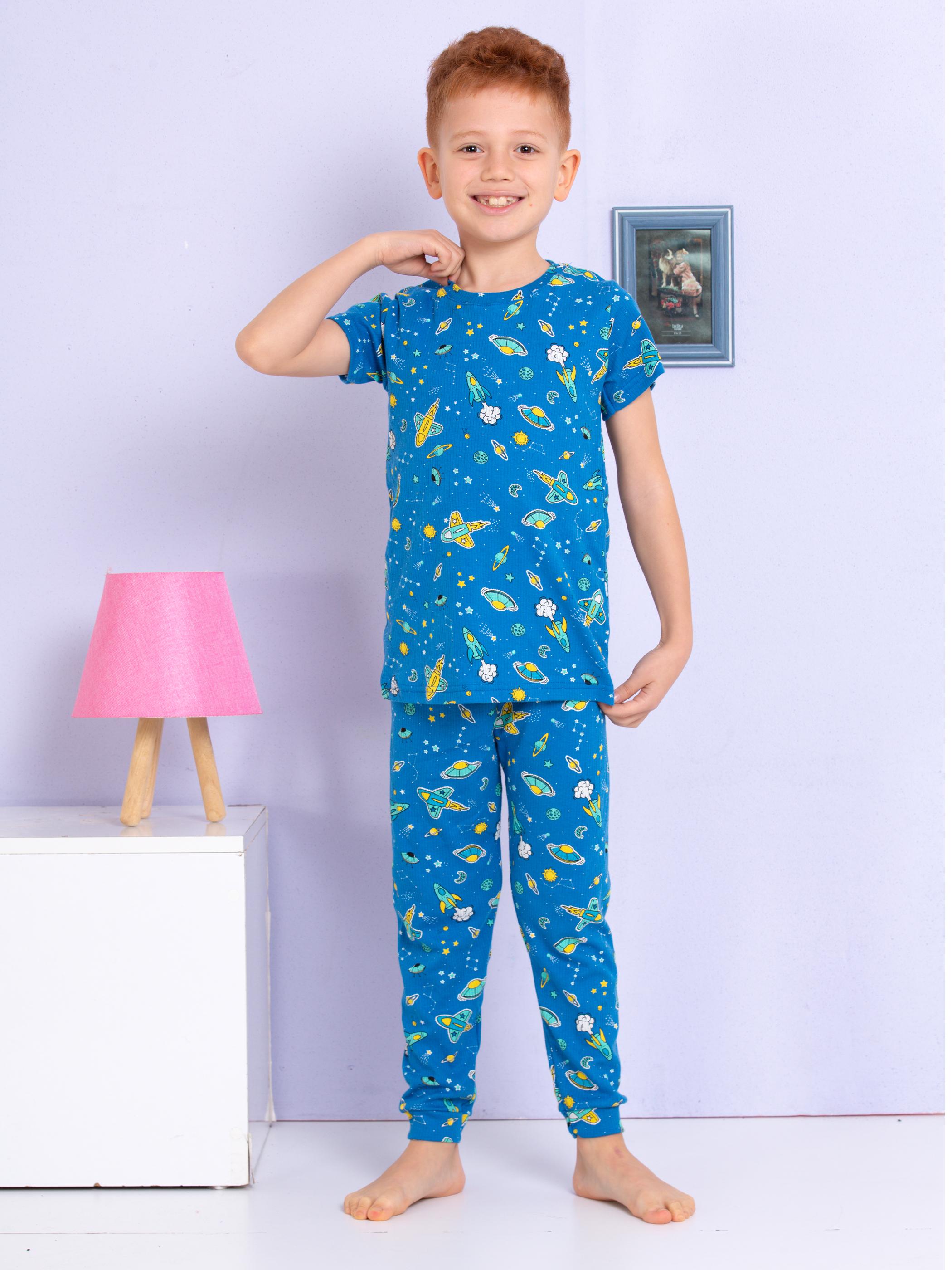 MinyKids Uzay Desenli Fitilli Kumaş Mavi Pijama Takımı