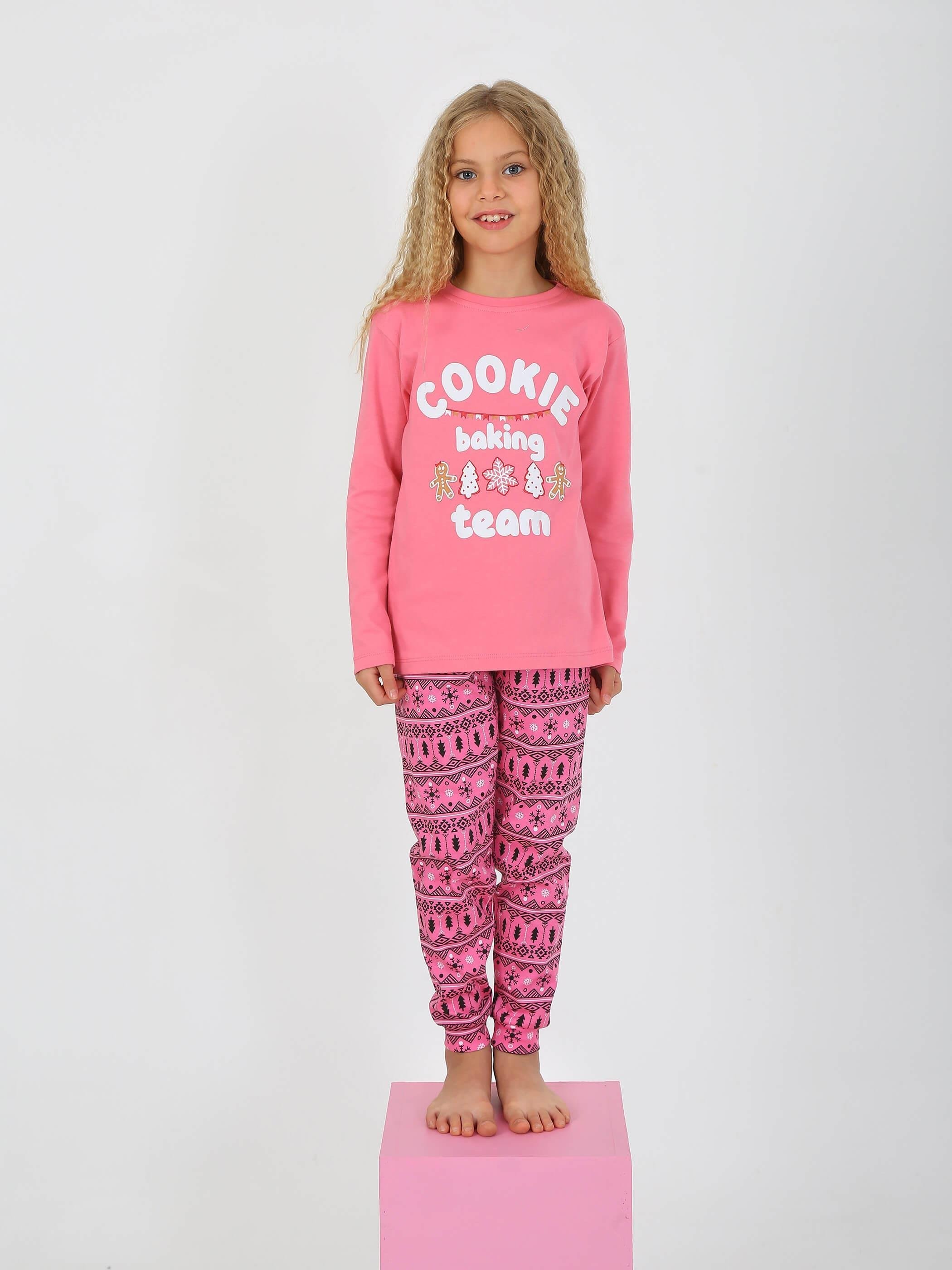 MinyKids Yılbaşı Desen Pembe Kız Çocuk Pijama Takım