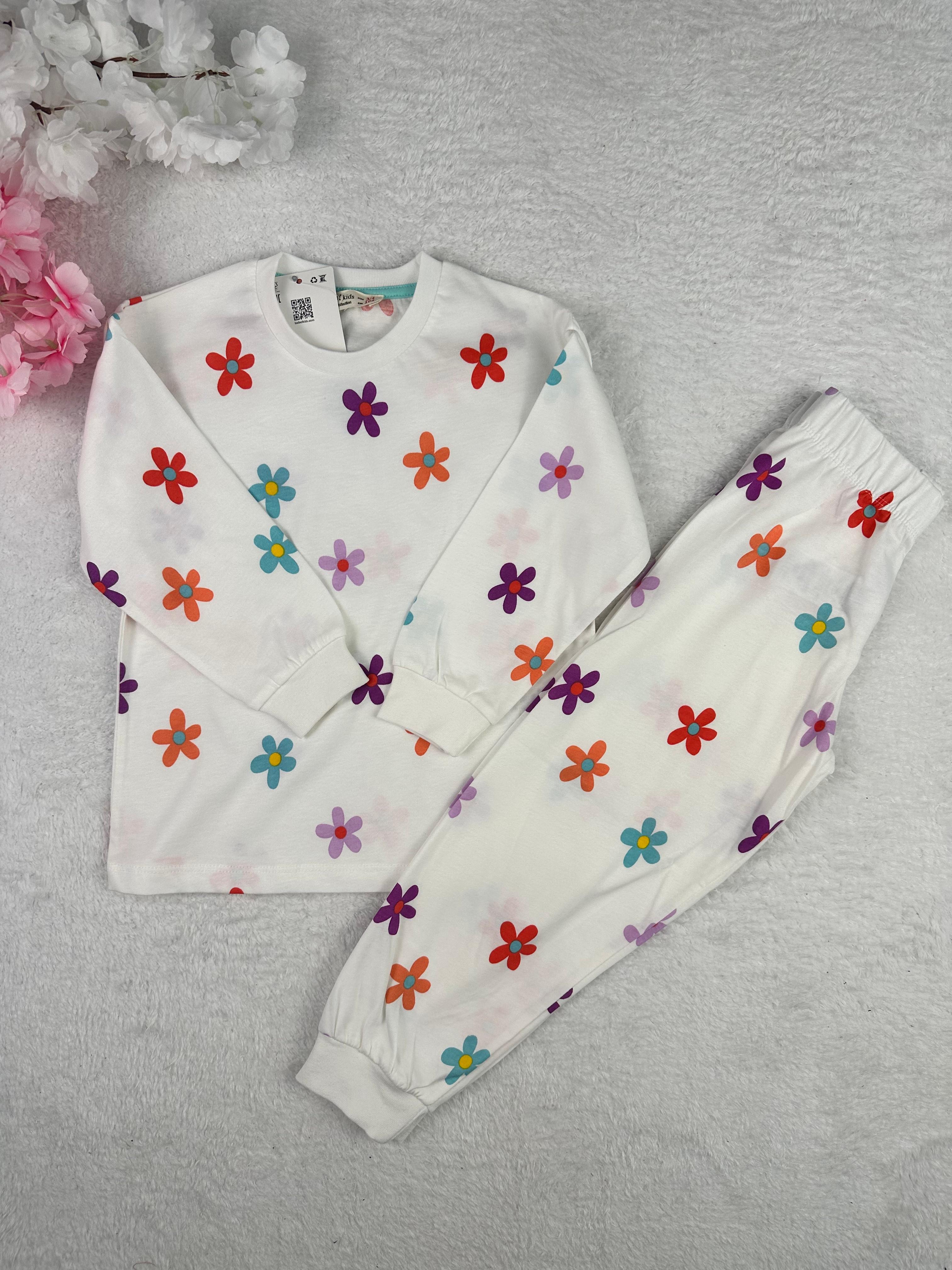 MinyKids Renkli Çiçek Desen Kız Çocuk Pijama Takım