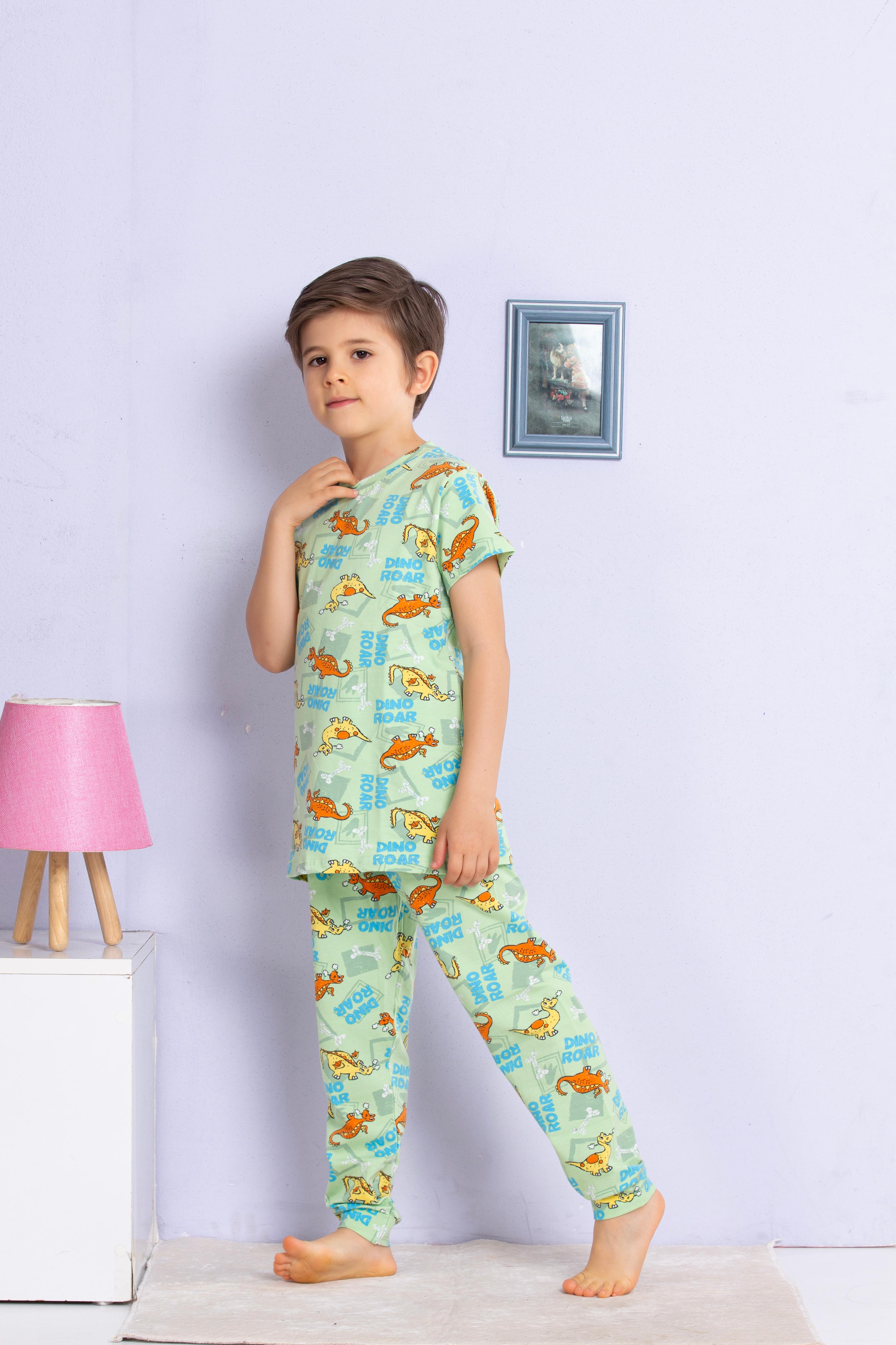 MinyKids Dinozor Desenli Yeşil Pijama Takımı