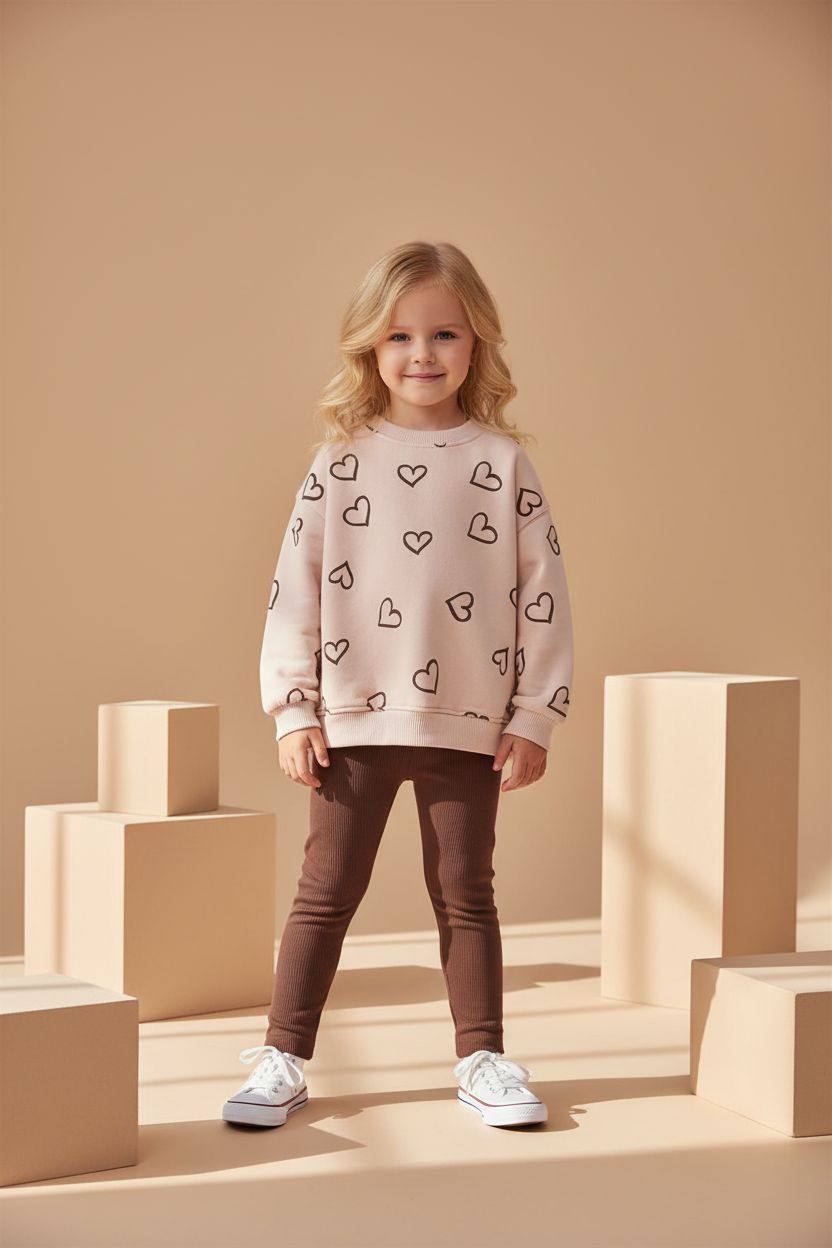 Kalp Desen Kahverengi 3 İplik %100 Pamuk Kız Çocuk Alt Üst Takım