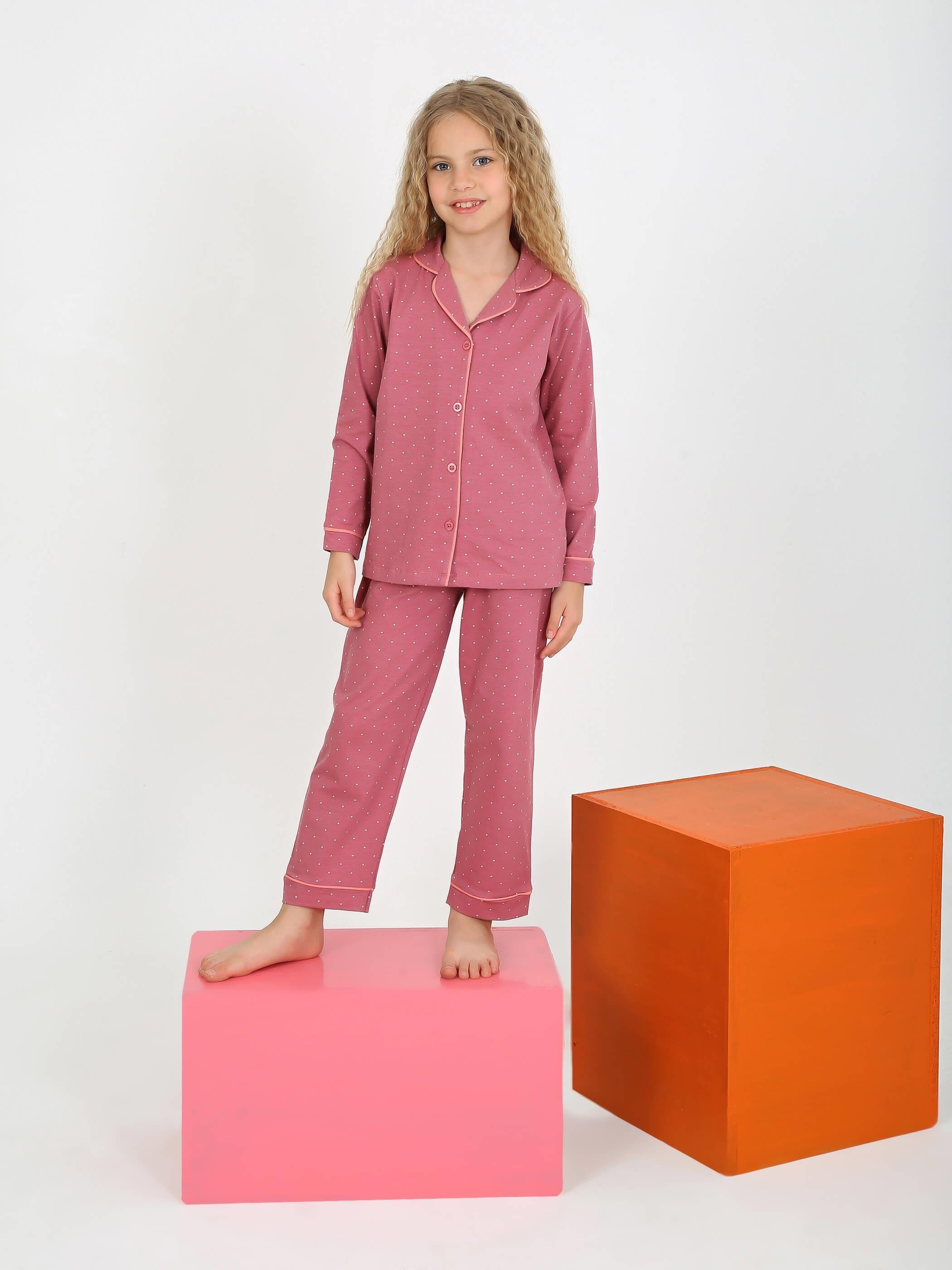 MinyKids Puantiye Desen %100 Pamuk Önden Düğmeli Kız Çocuk Pijama Takım
