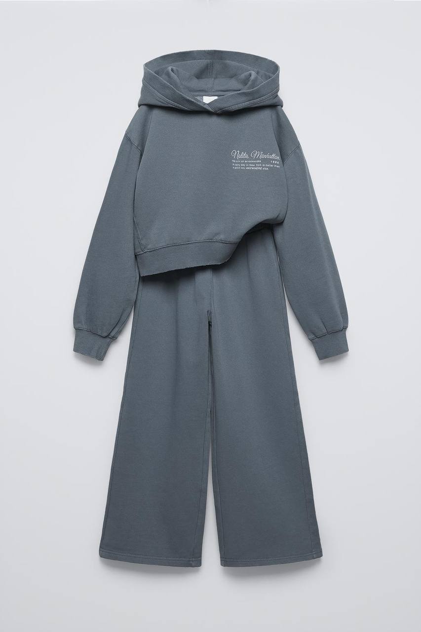 Kapüşonlu Koyu Yeşil Sweatshirt ve Geniş Paça Eşofman Takım %100 Pamuk 5-14 Yaş