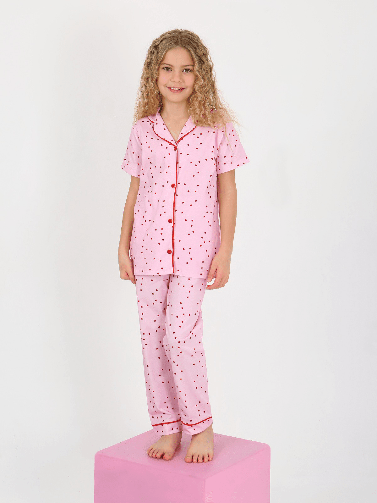 MinyKids Kalp Desen Pembe Kısa Kollu Önden Düğmeli %100 Pamuklu Kız Çocuk Pijama Takım