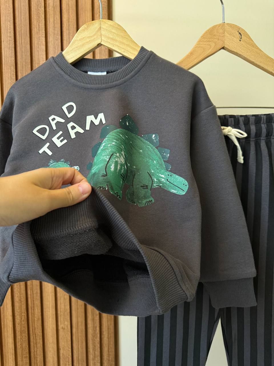 Dinozor Desen Gri %100 Pamuk 3 İplik Erkek Çocuk Alt Üst Takım