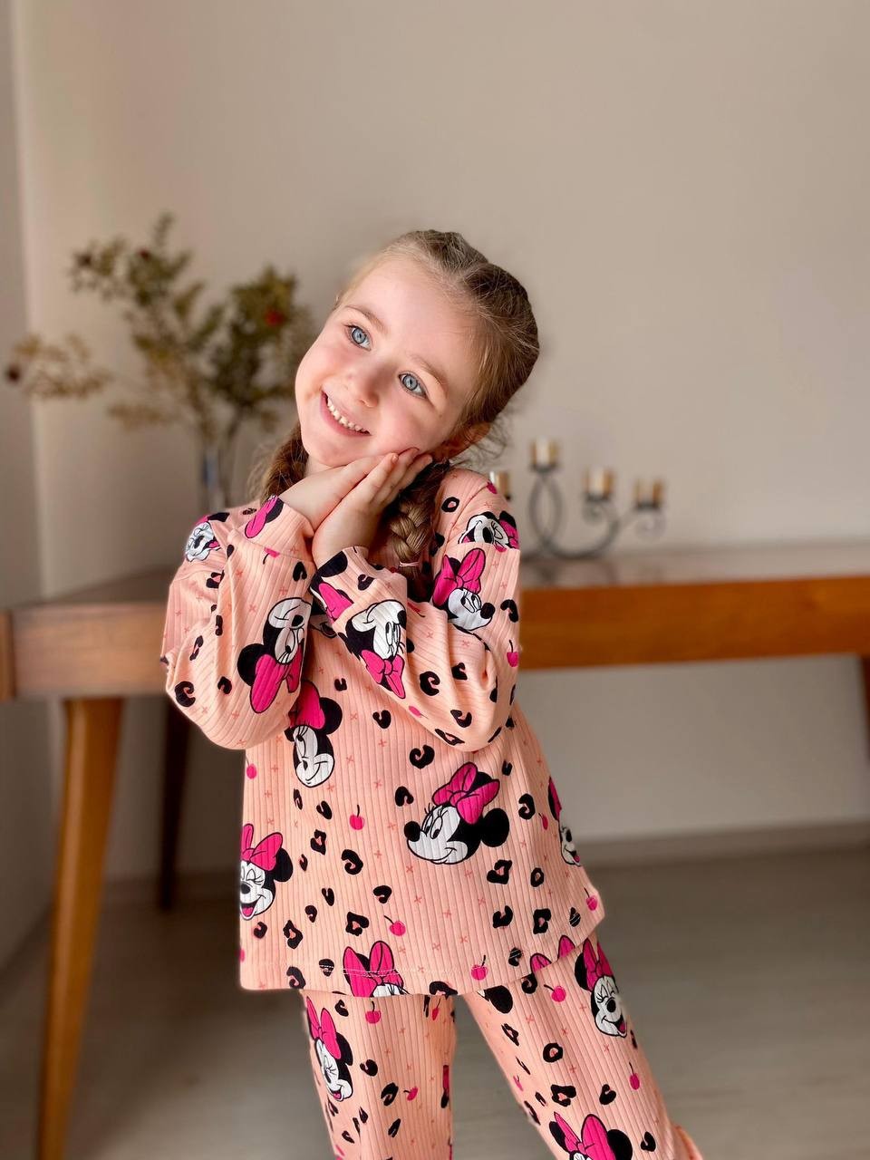 MinyKids Somon Renk Minnie Mouse Desen Fitilli Kız Çocuk Pijama Takım