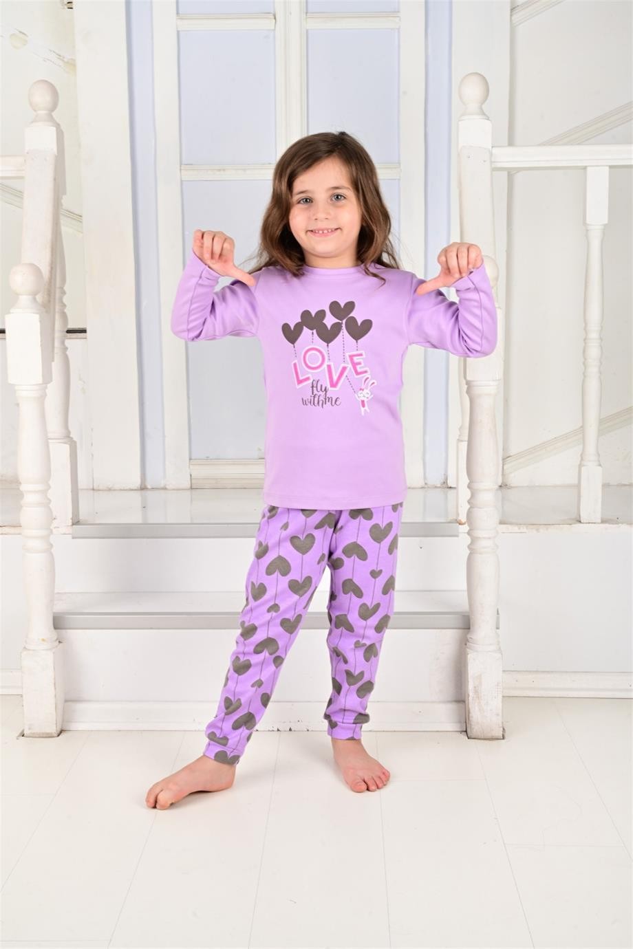 MinyKids Kalp Desen Lila Kız Çocuk Pijama Takım