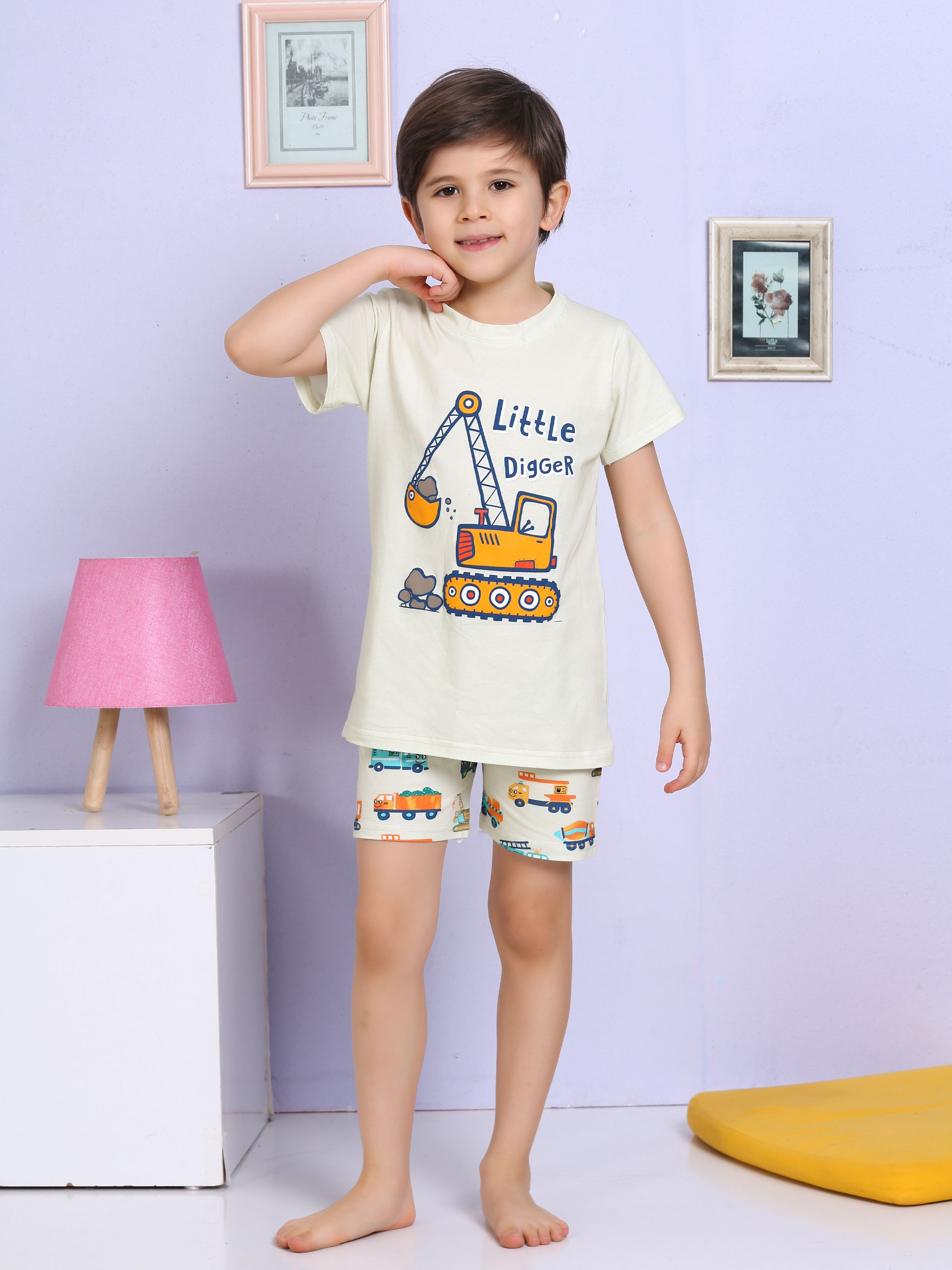 MinyKids Araba Desenli Şortlu Ekru Pijama Takımı