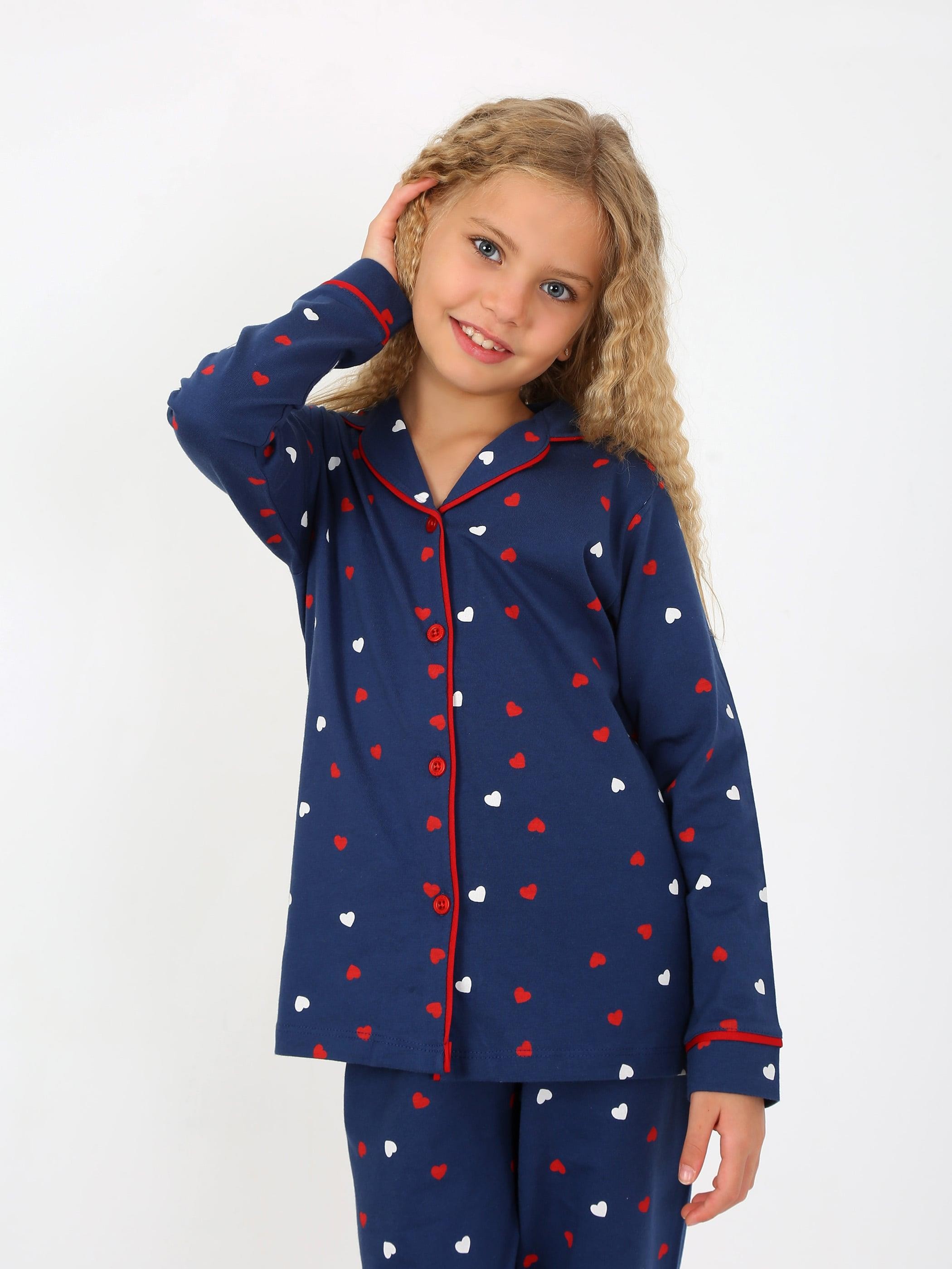 MinyKids Kalp Desen Lacivert Düğmeli Kız Çocuk Pijama Takım