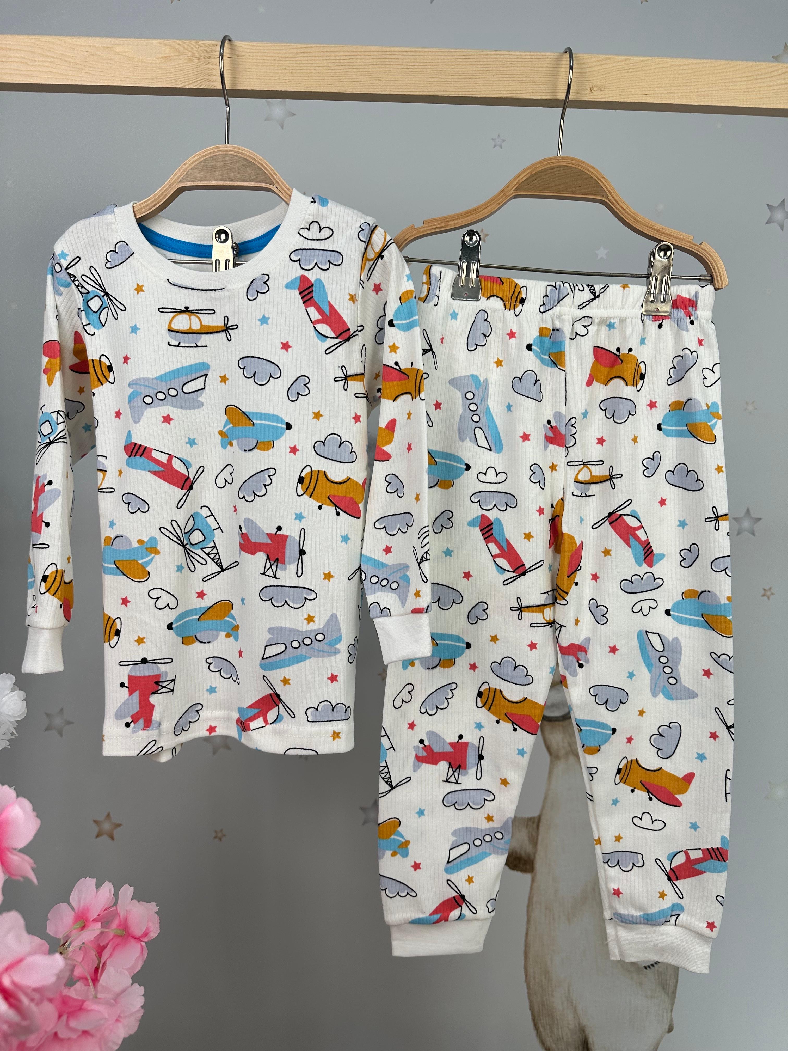 MinyKids Helikopter Desen Beyaz Fitilli Erkek Çocuk Pijama Takım