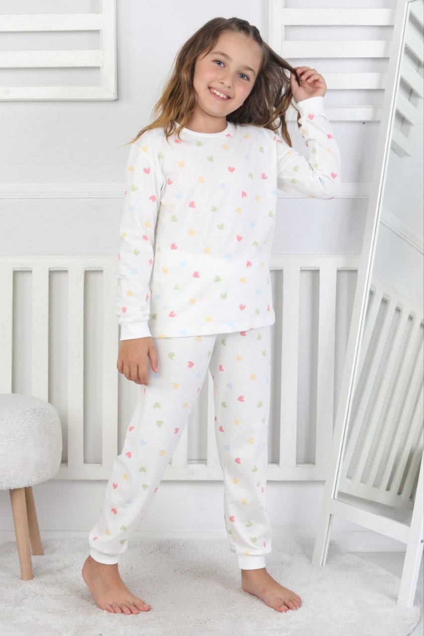 MinyKids Kalp Desen %100 Pamuklu Ekru Pembe Kız Çocuk Pijama Takım