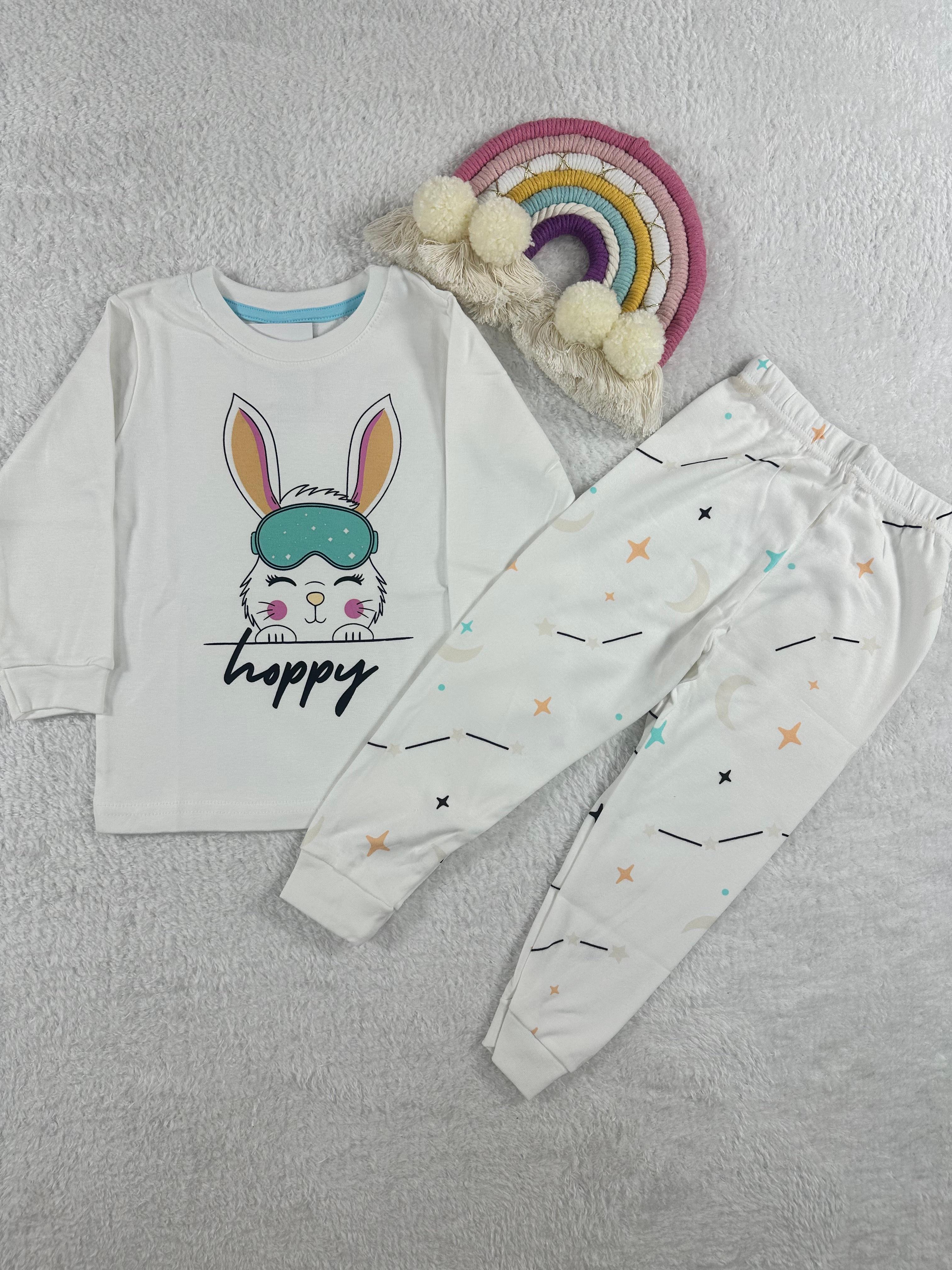 MinyKids Tavşan Desen Beyaz Kız Çocuk Pijama Takım