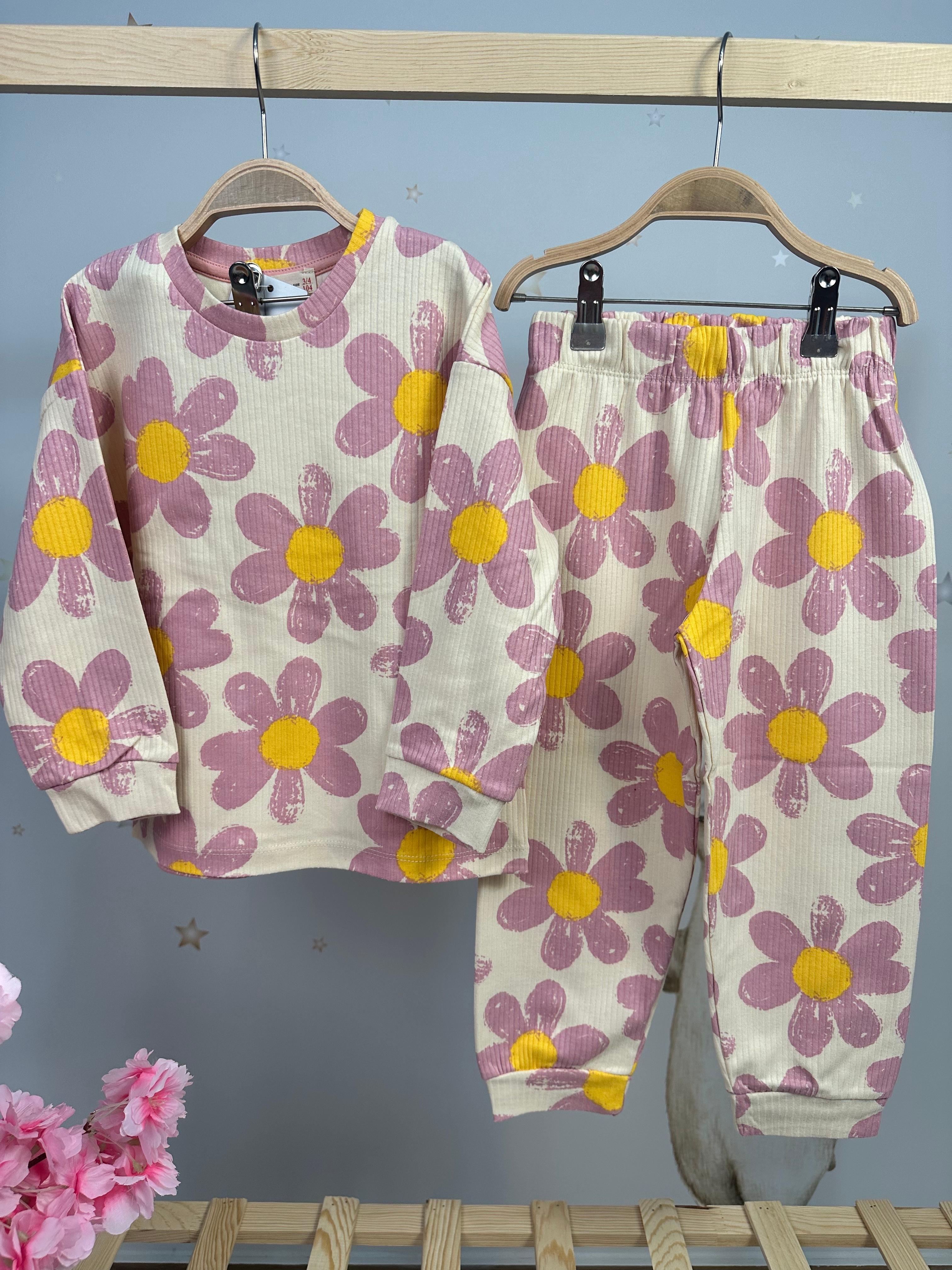 MinyKids Krem Çiçek Desen Fitilli Kız Çocuk Pijama Takım