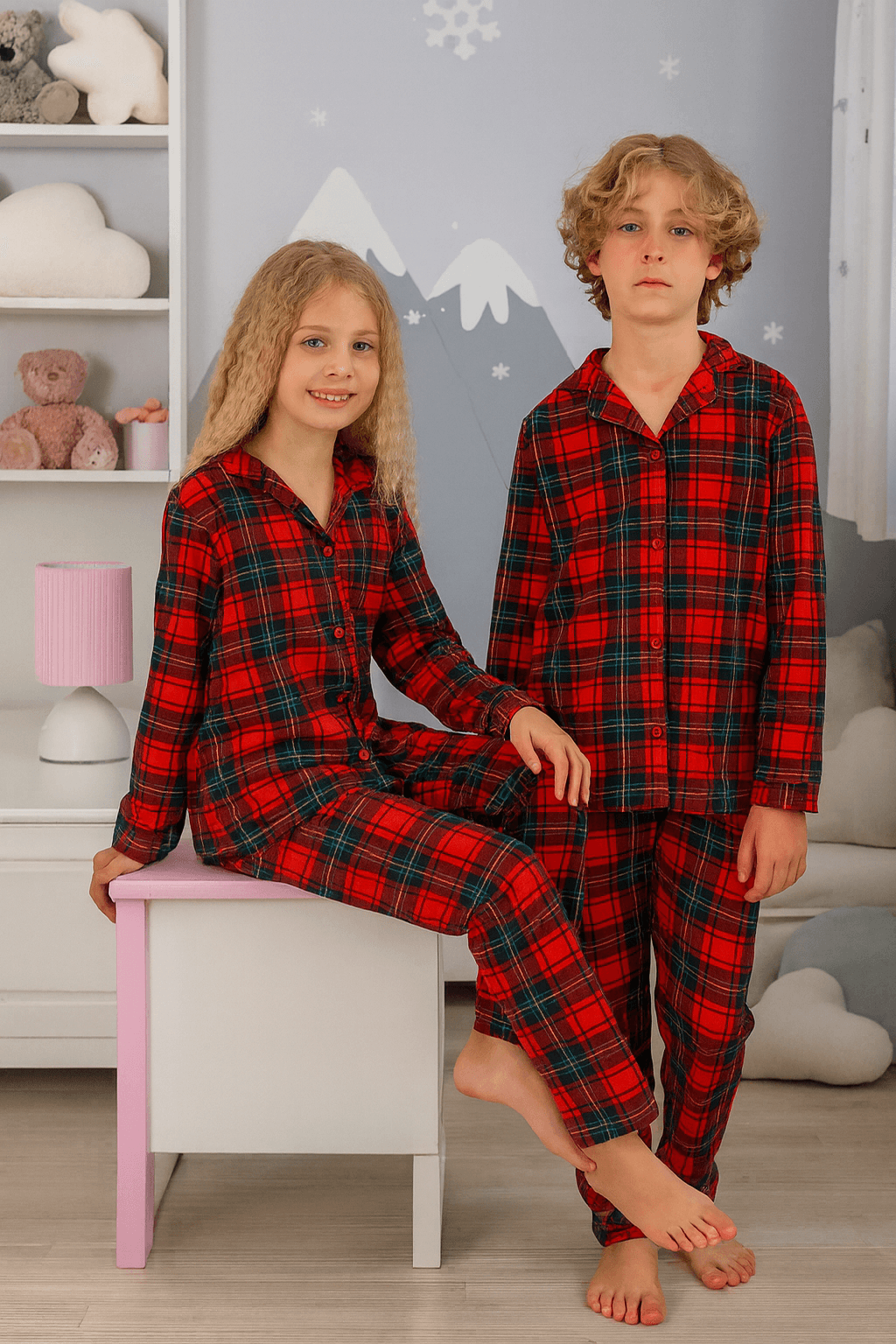 Kareli Kırmızı %100 Pamuklu Önden Düğmeli Unisex Çocuk Pijama Takım