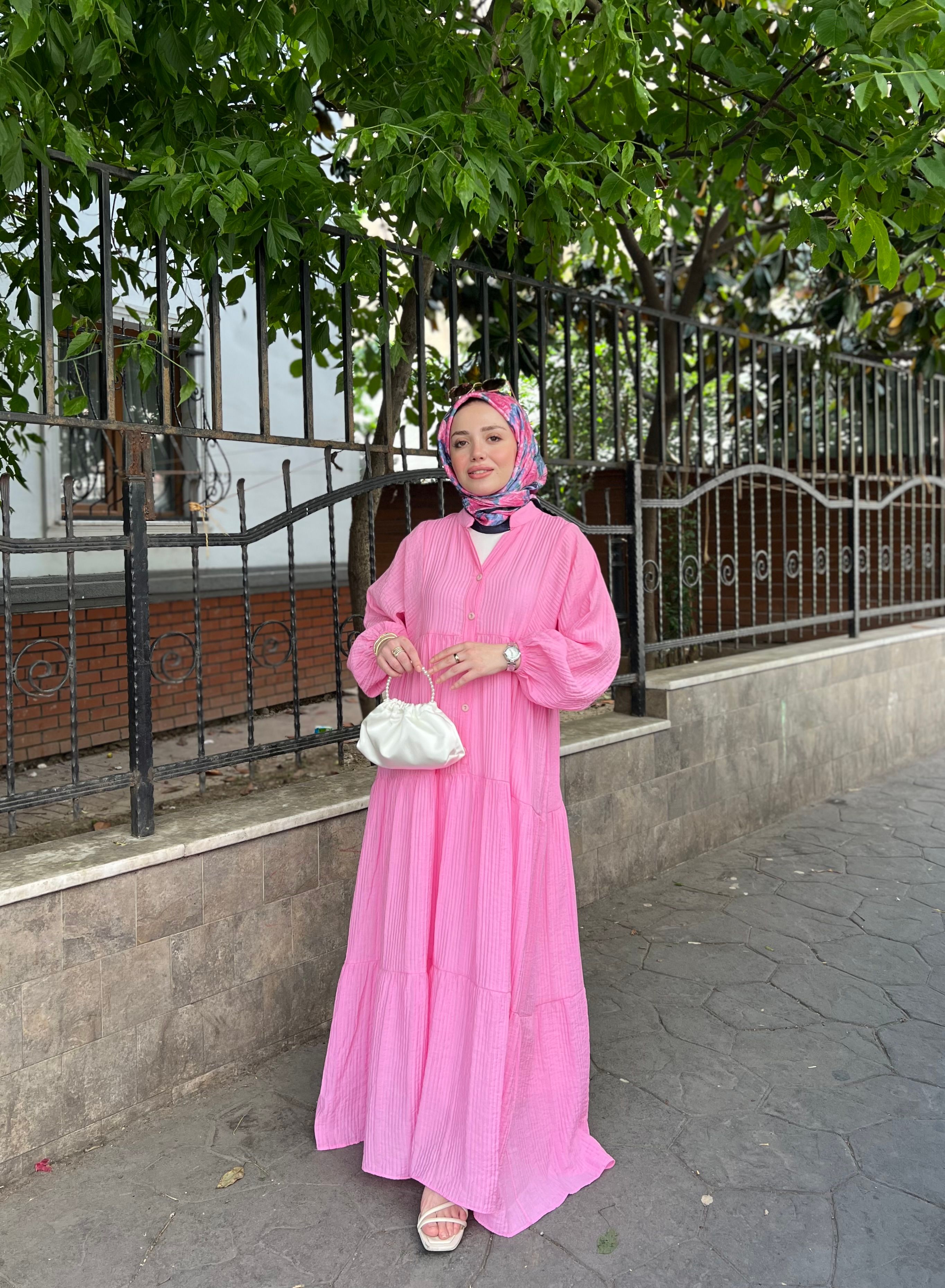 DÜĞME DETAY ELBİSE / PEMBE