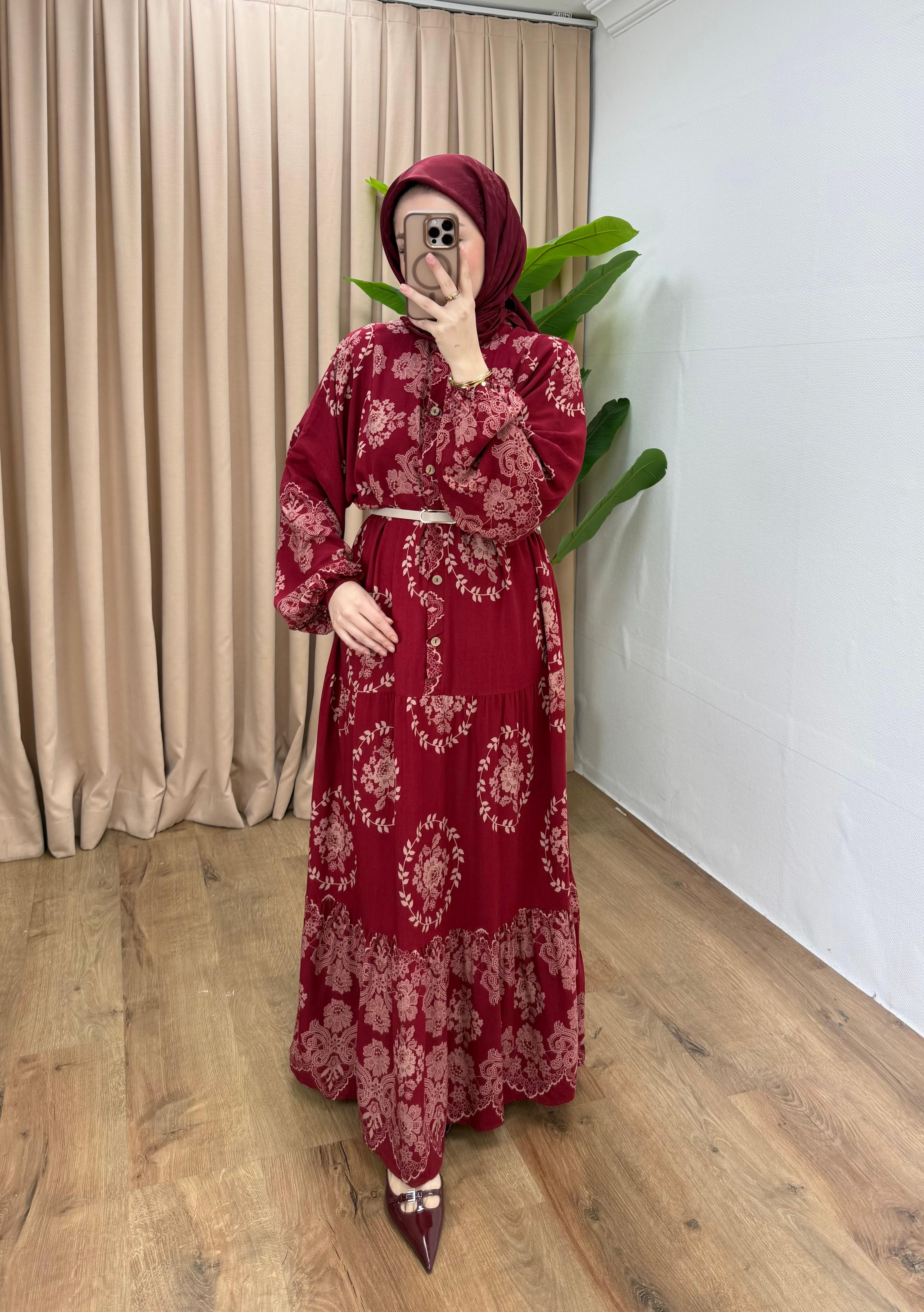 DESENLİ VİSKON ELBİSE / BORDO