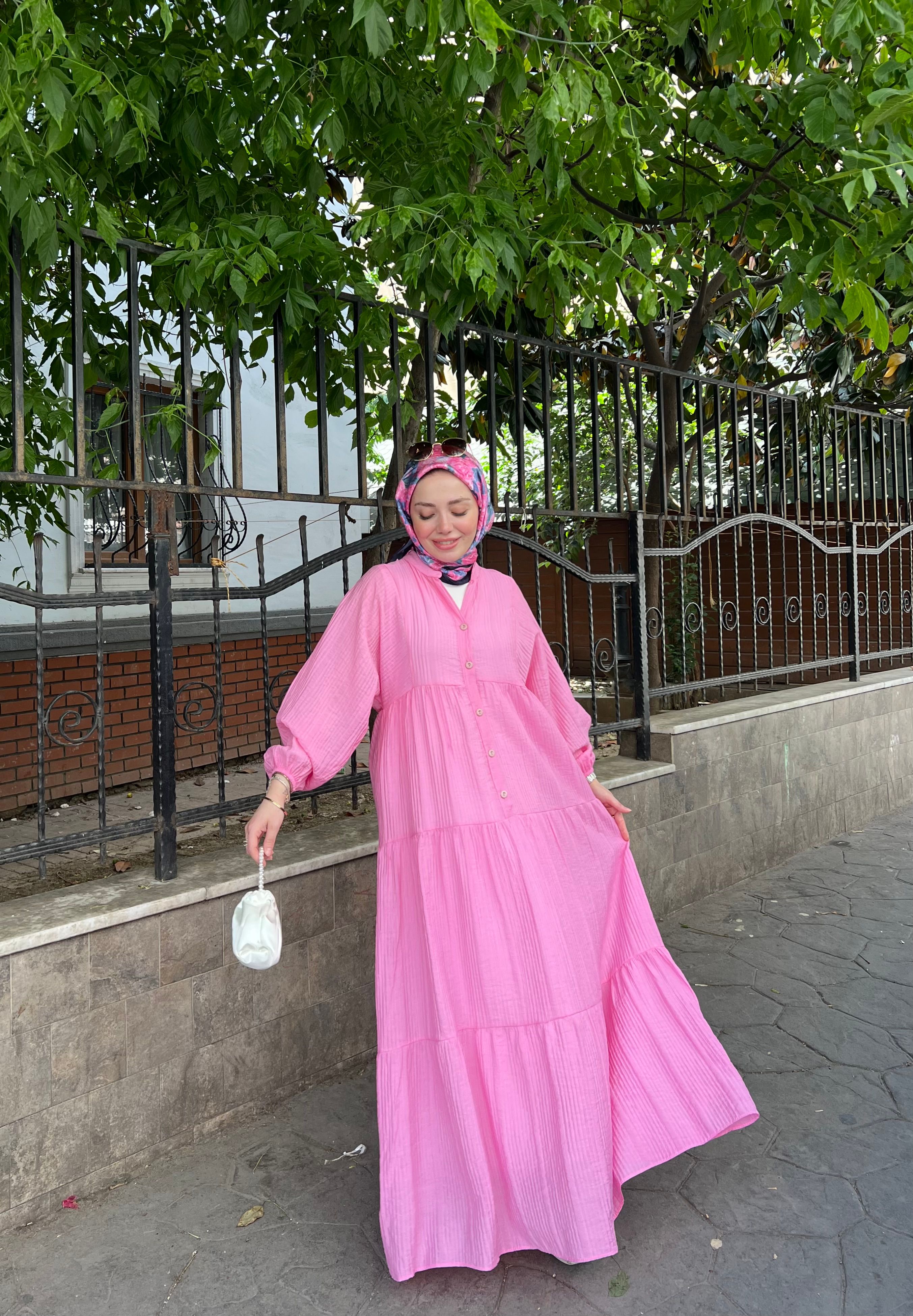 DÜĞME DETAY ELBİSE / PEMBE