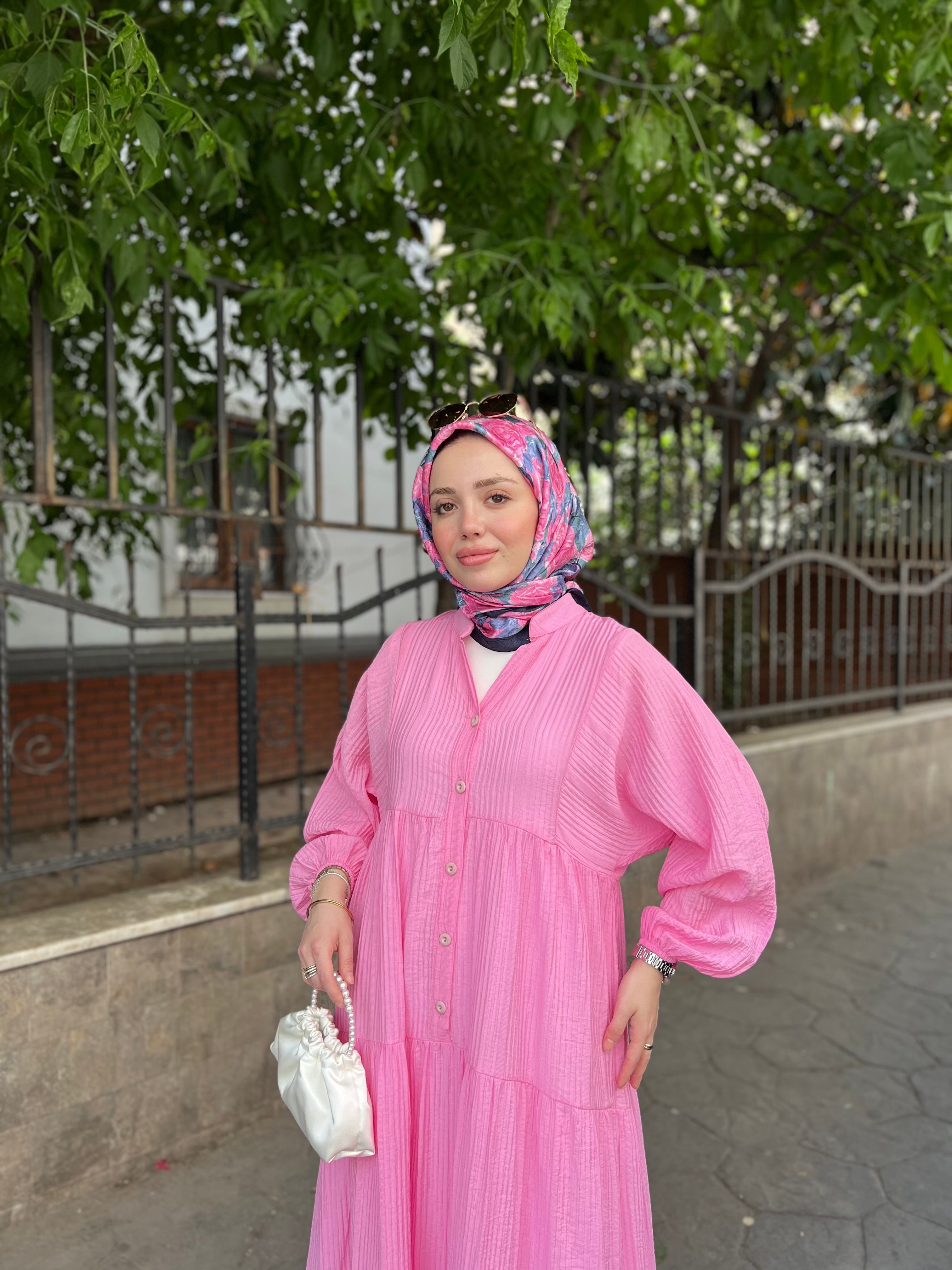 DÜĞME DETAY ELBİSE / PEMBE