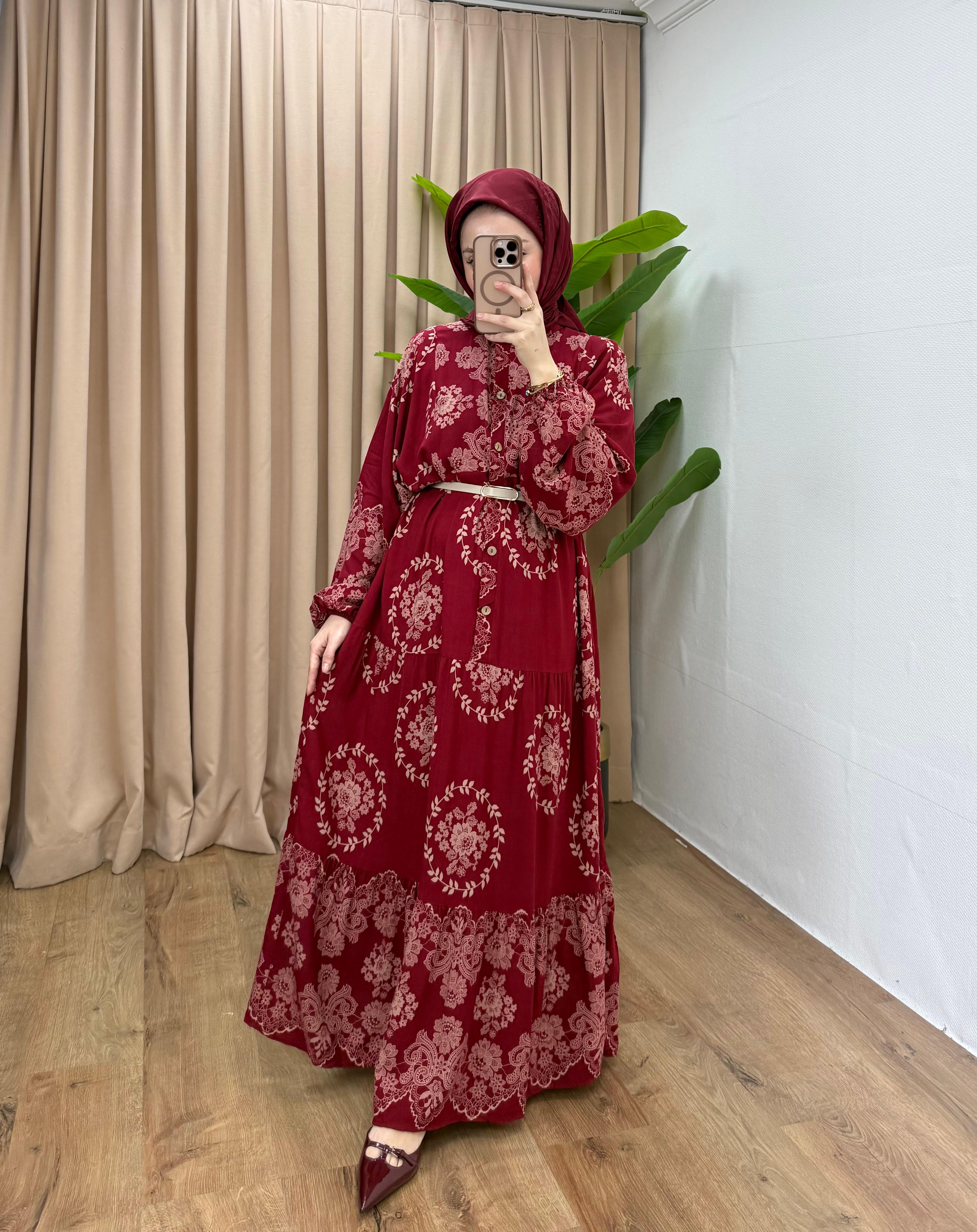 DESENLİ VİSKON ELBİSE / BORDO