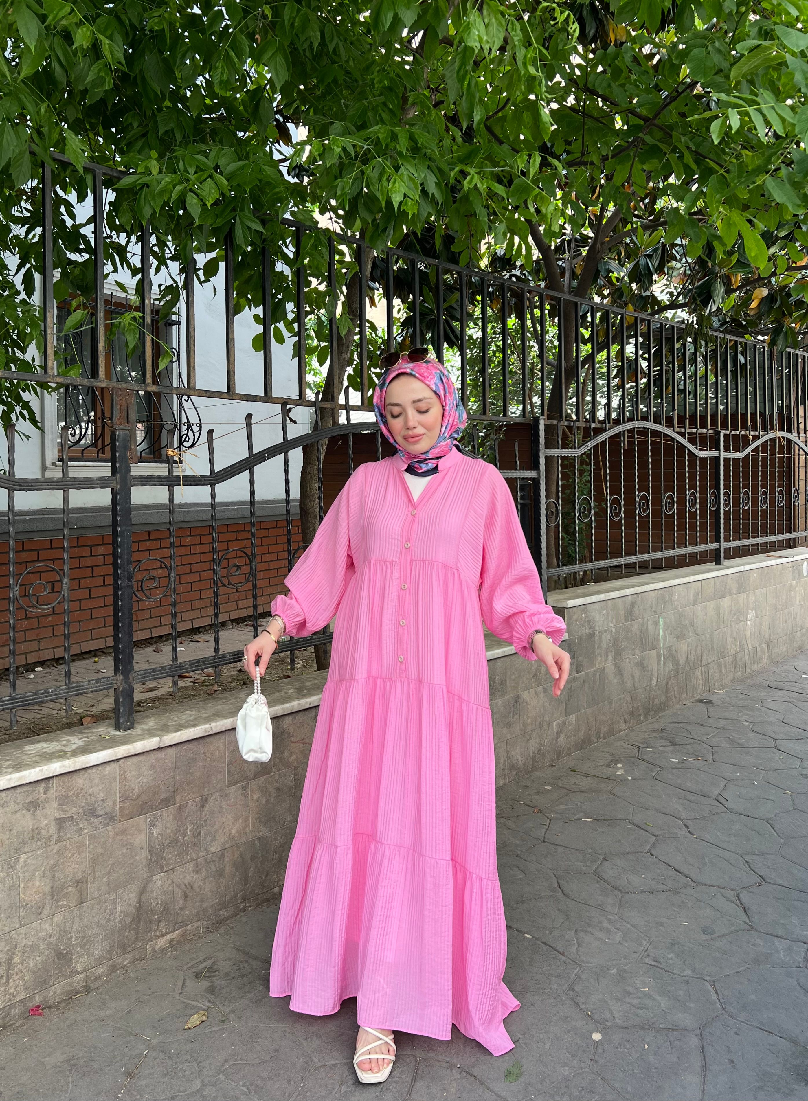 DÜĞME DETAY ELBİSE / PEMBE