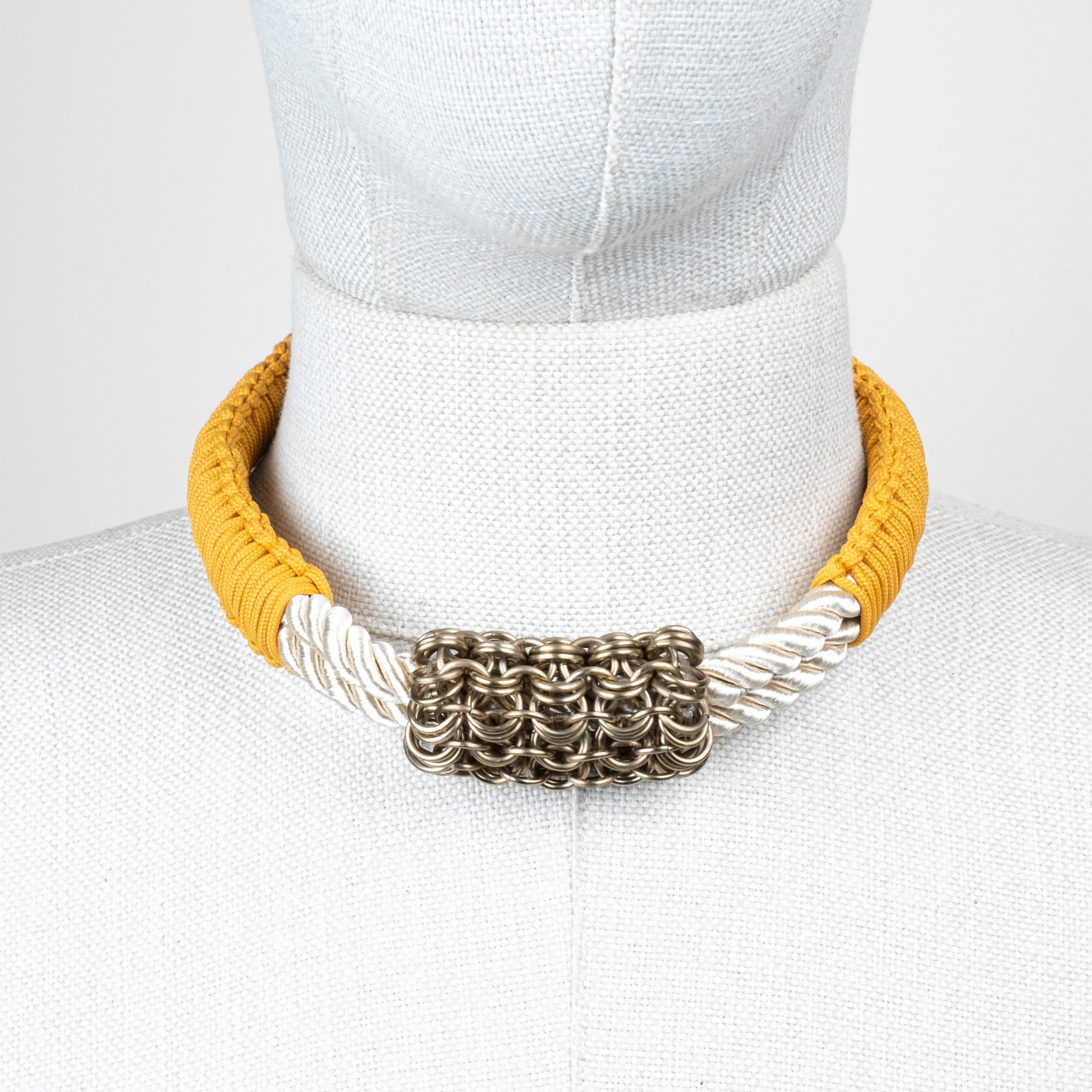 Macrame Choker with Chainmail Detail – Handwoven Statement Necklace - Hardal Sarı
