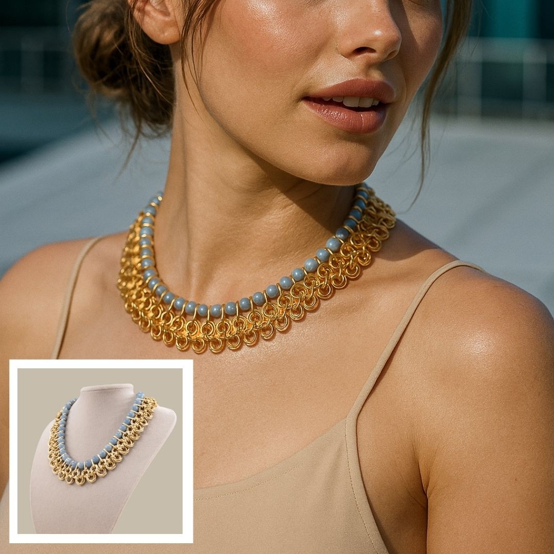 Angelite Stone Necklace with Handwoven Chainmail Details