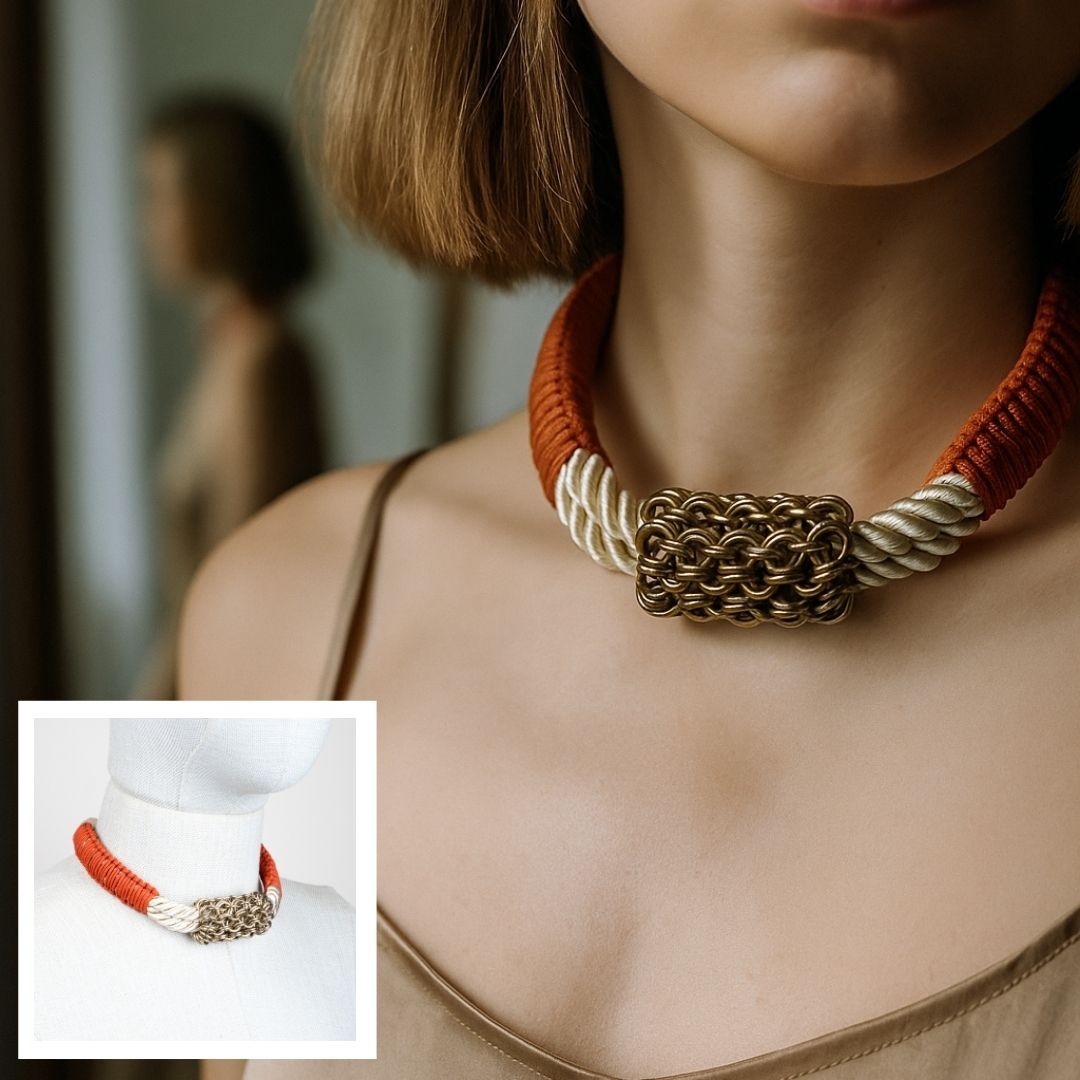 Örgü Zırh Detaylı Makrome Choker Kolye  - Kiremit Rengi