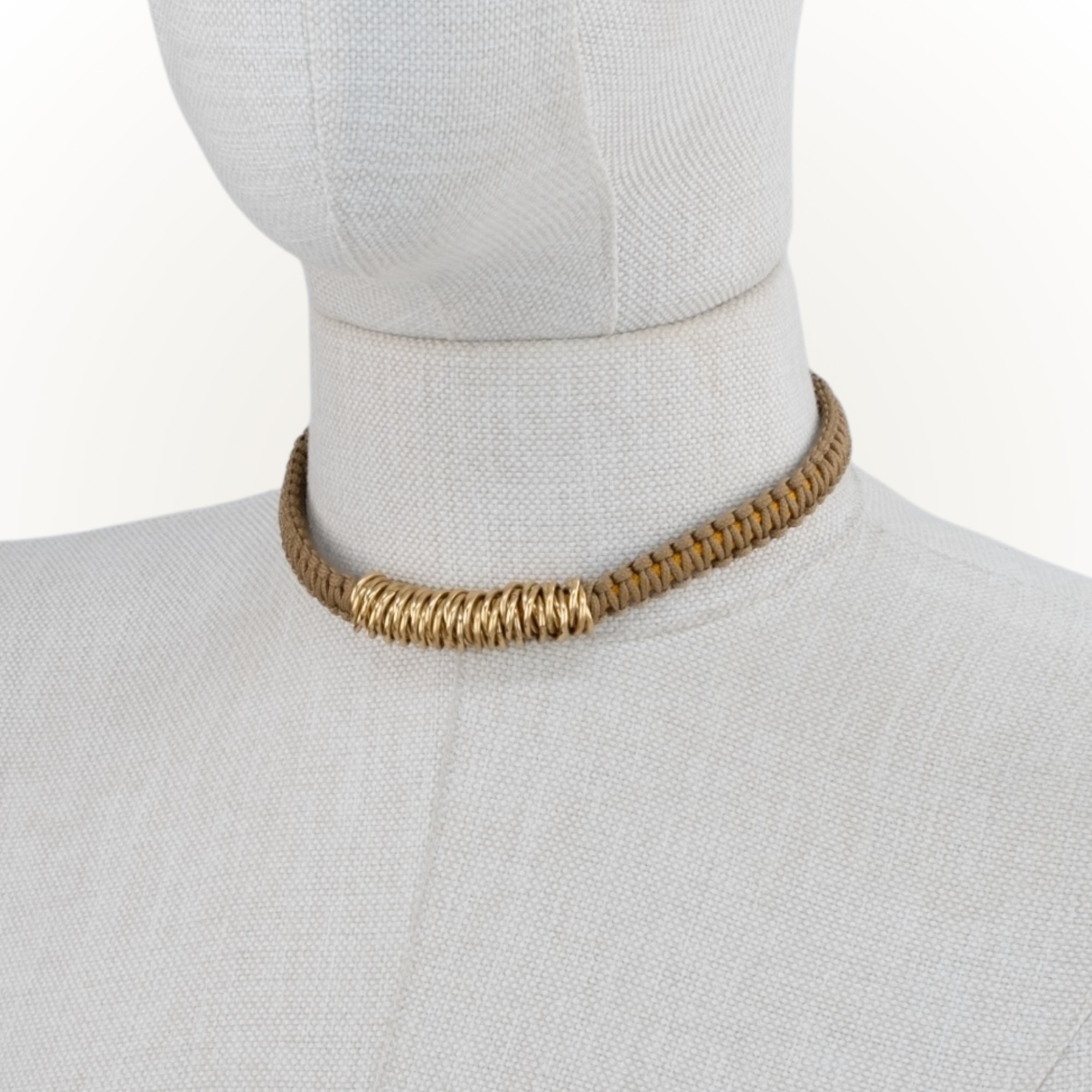 Makrome - Örgü Zırh Choker Kolye - Moka - Hardal Sarı