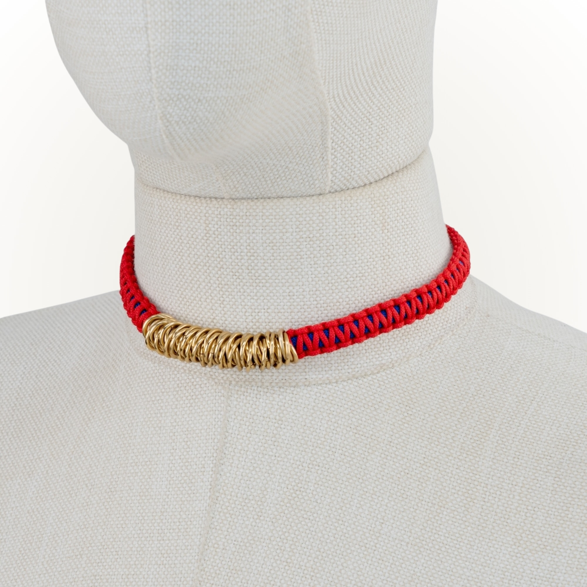 Makrome - Örgü Zırh Choker Kolye - Kırmızı - Lacivert
