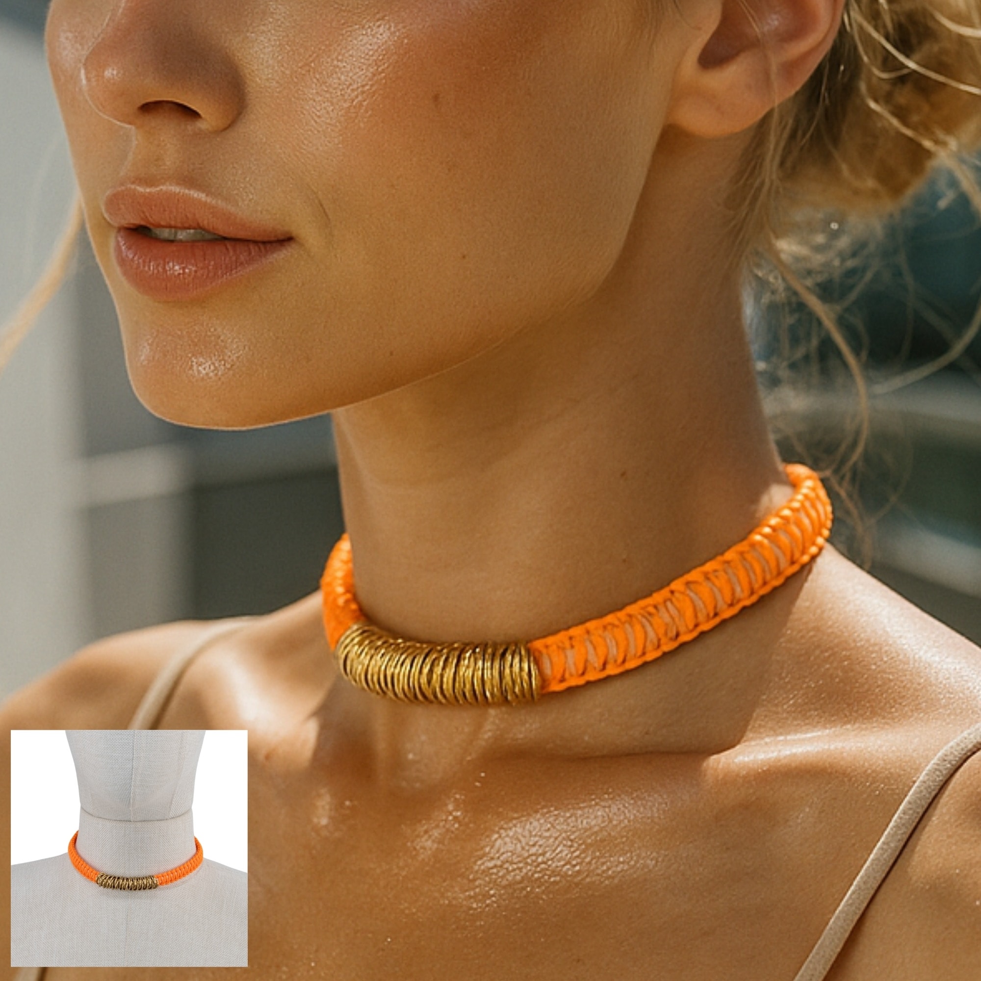 Makrome - Örgü Zırh Choker Kolye - Neon Turuncu - Beyaz