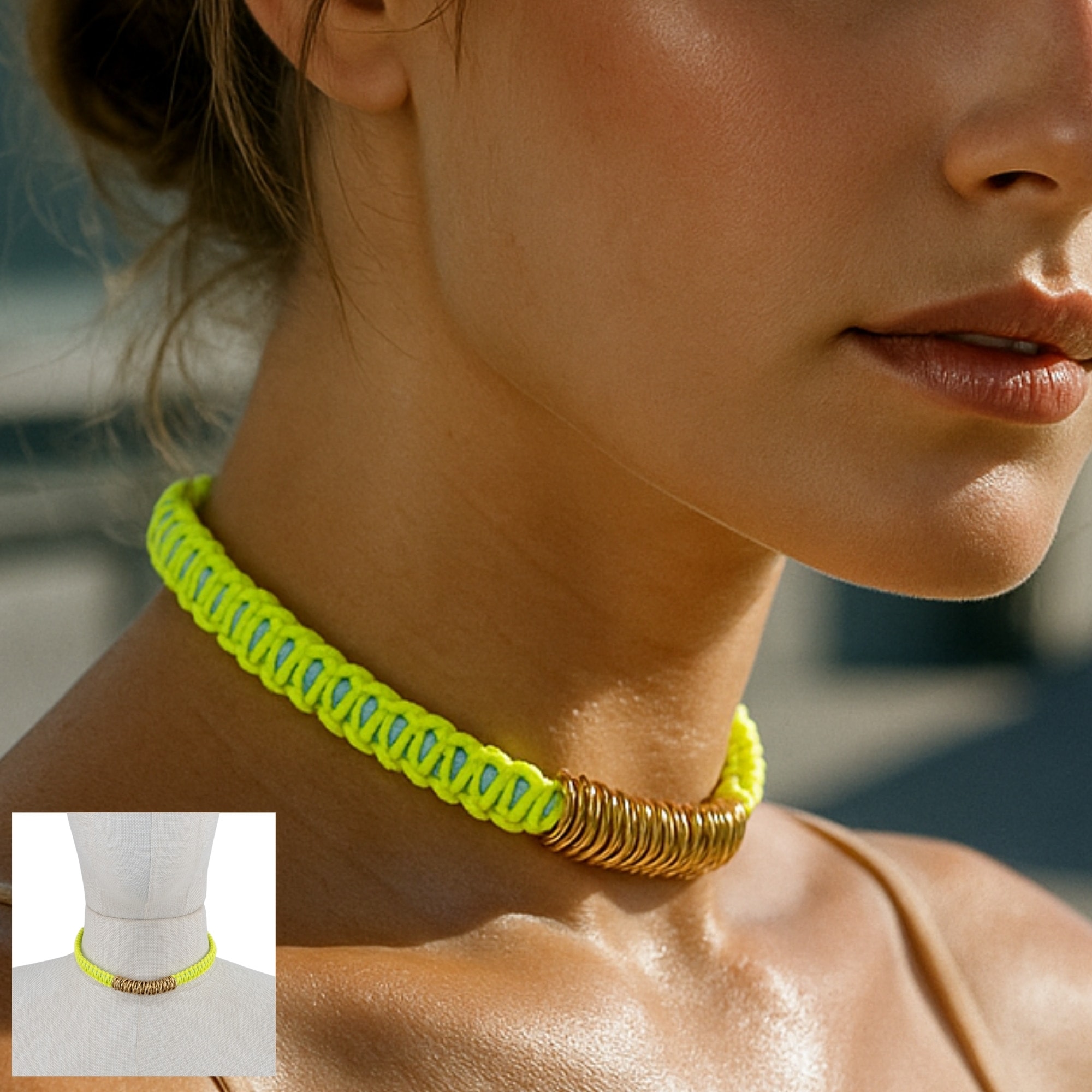 Makrome - Örgü Zırh Choker Kolye - Neon Sarı - Turkuaz
