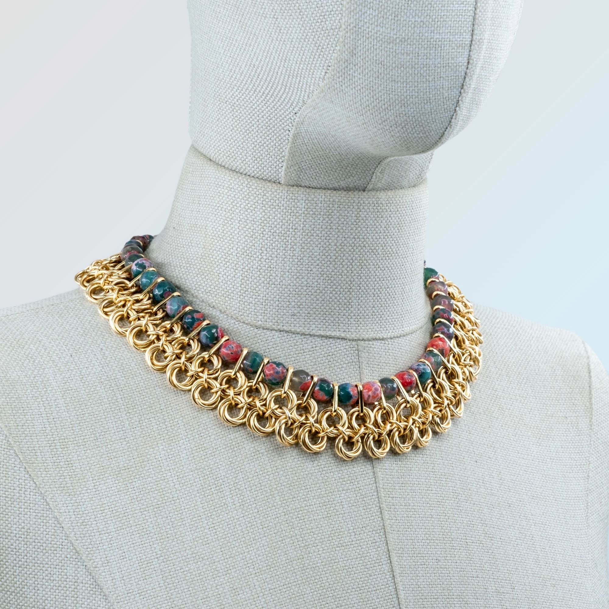 Chainmail ve Akik Detaylı Gold Kolye