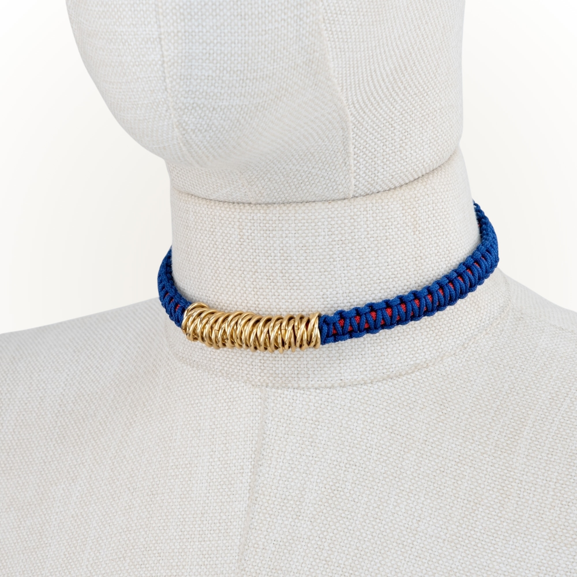 Makrome - Örgü Zırh Choker Kolye - Lacivert - Kırmızı