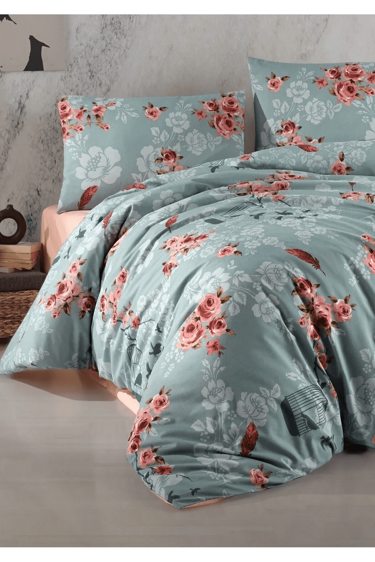 Parure de Lit Double Polycoton FLORAL   Housse - Drap - 4 Taies d'oreiller