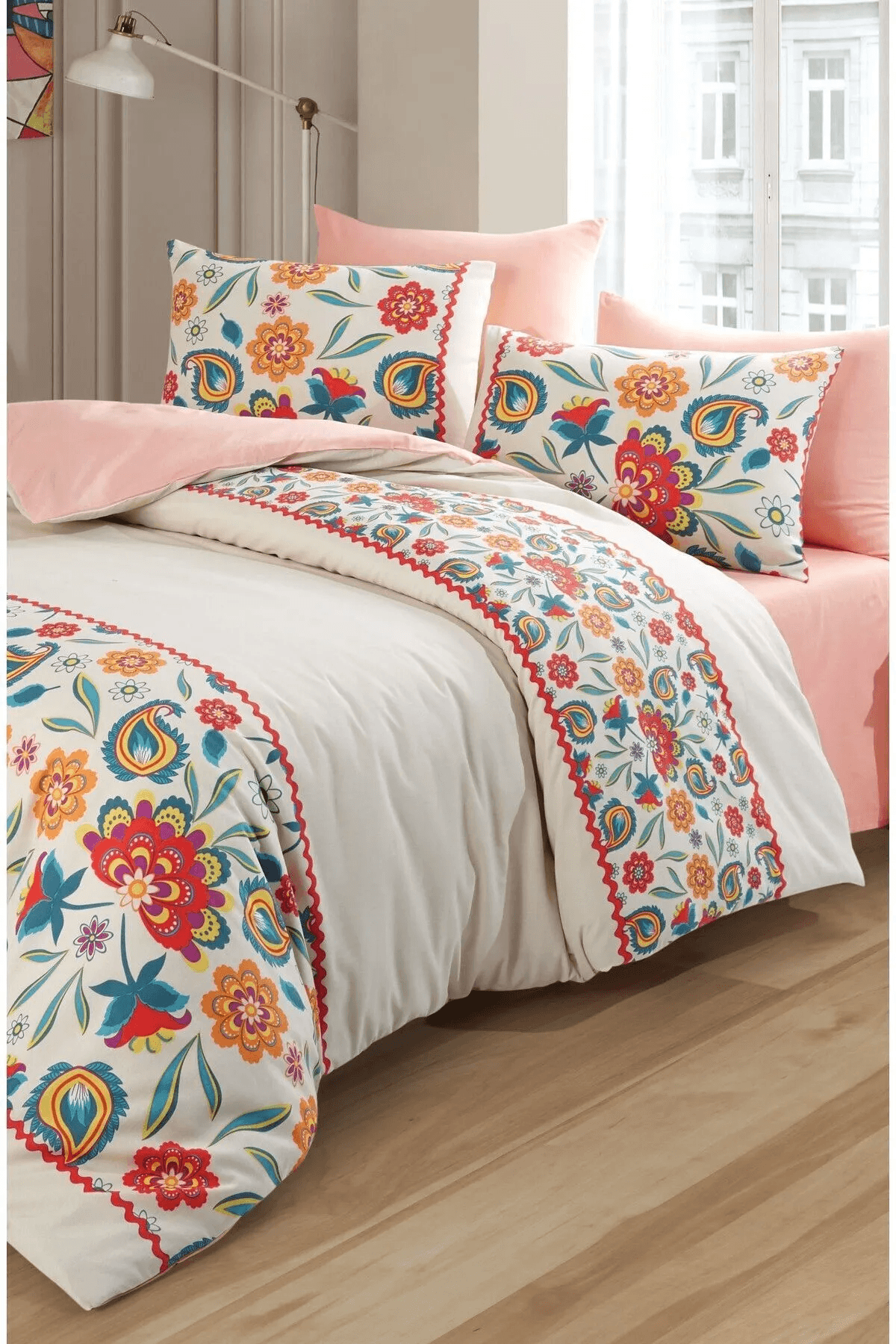 Parure de Lit Double Polycoton FLEUR DE CIEL   Housse - Drap - 4 Taies d'oreiller