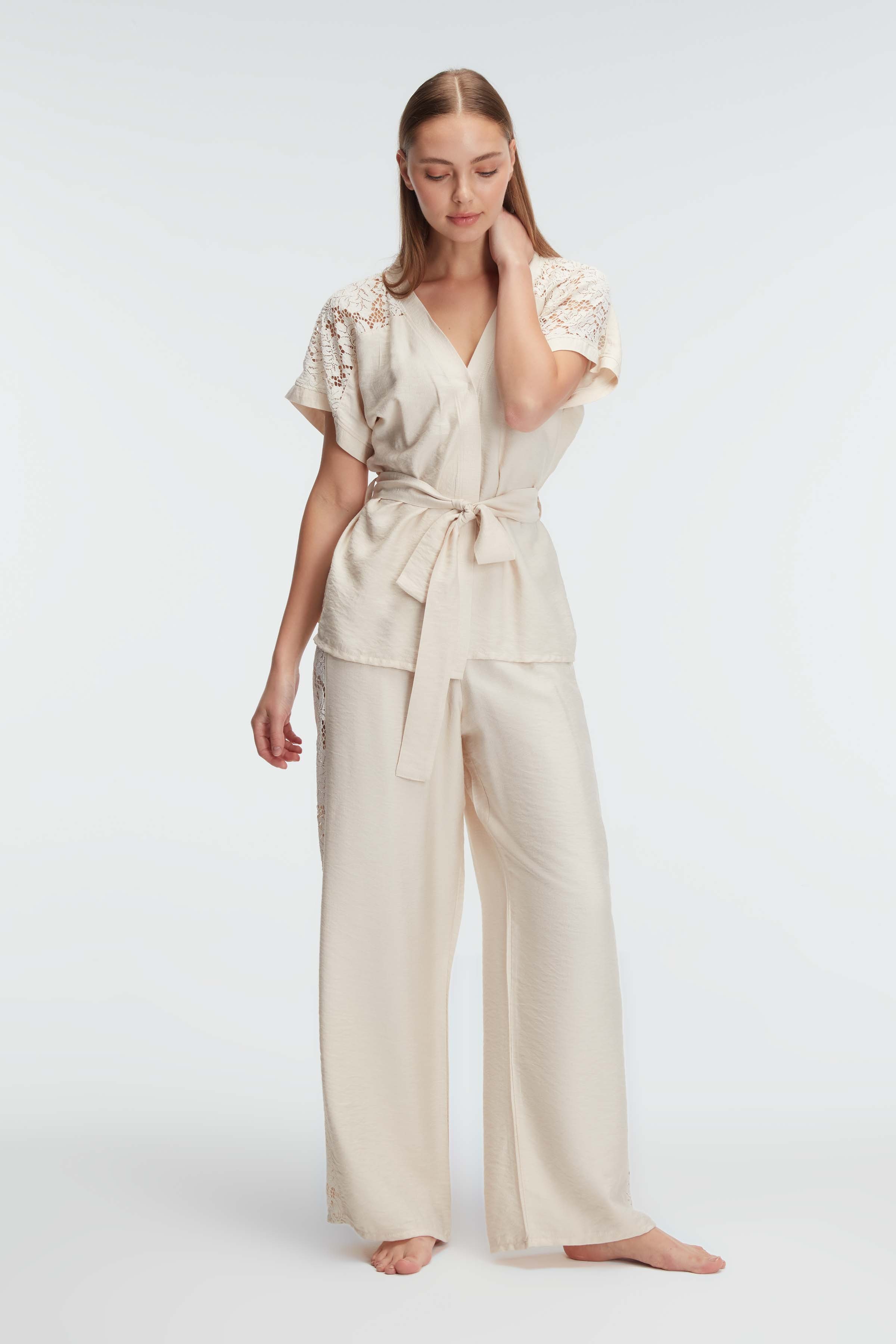 Ensemble, Col en V, Manches Courtes, Dentelle PREMIUM