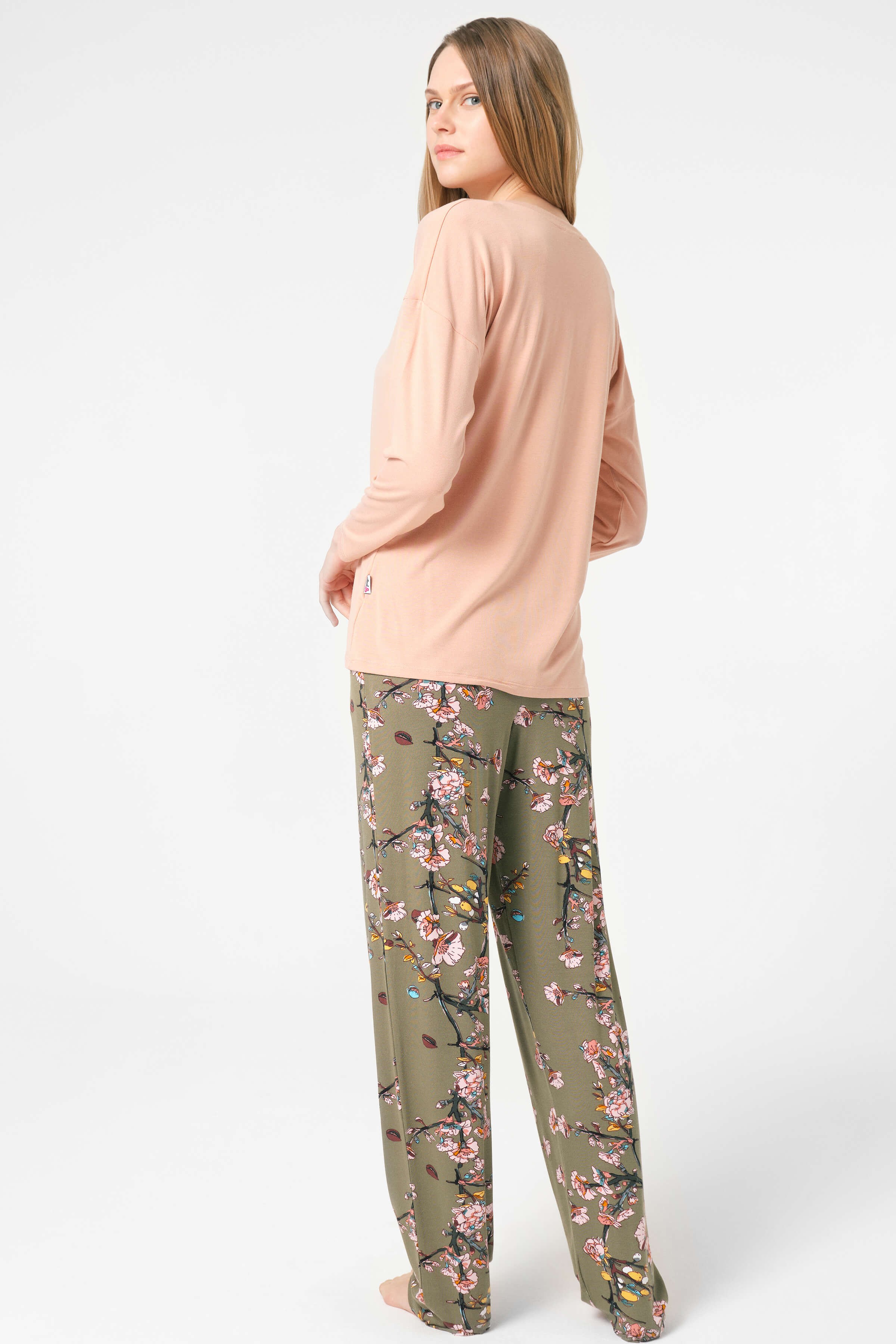 Ensemble pyjama à motifs floraux, manches longues, col V tricoté, avec dentelle