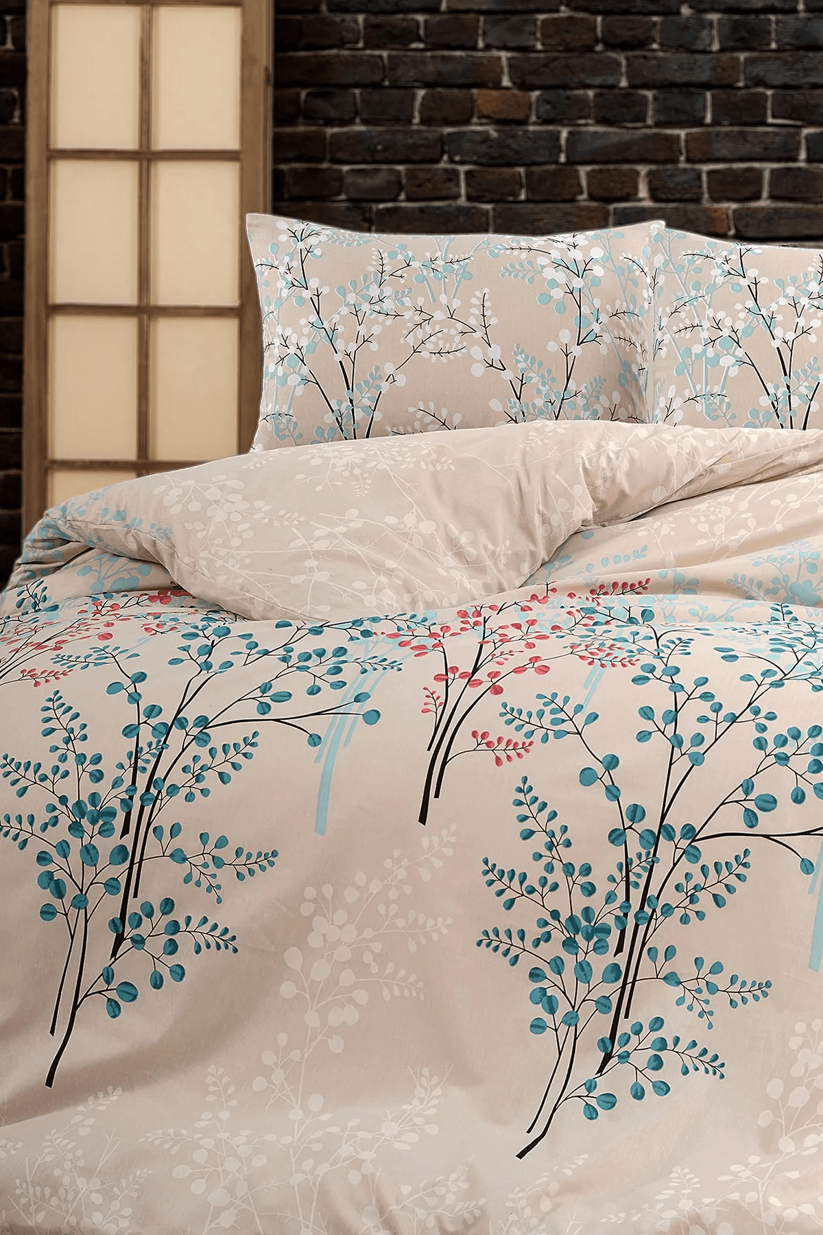 Parure de Lit Double Polycoton BRANCH Housse - Drap - 4 Taies d'oreiller