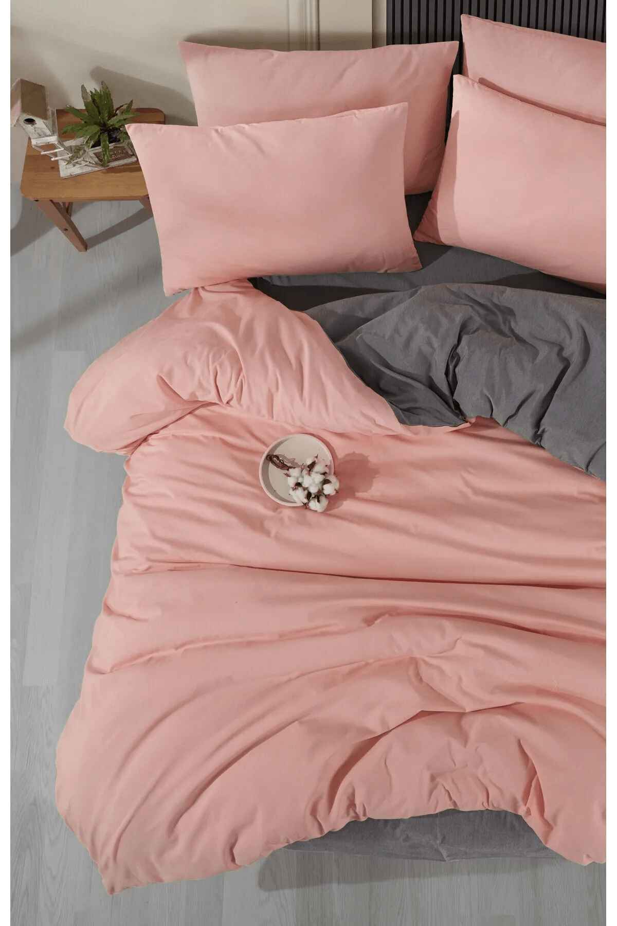 Parure de Lit Double Polycoton SAUMON Housse - Drap - 4 Taies d'oreiller