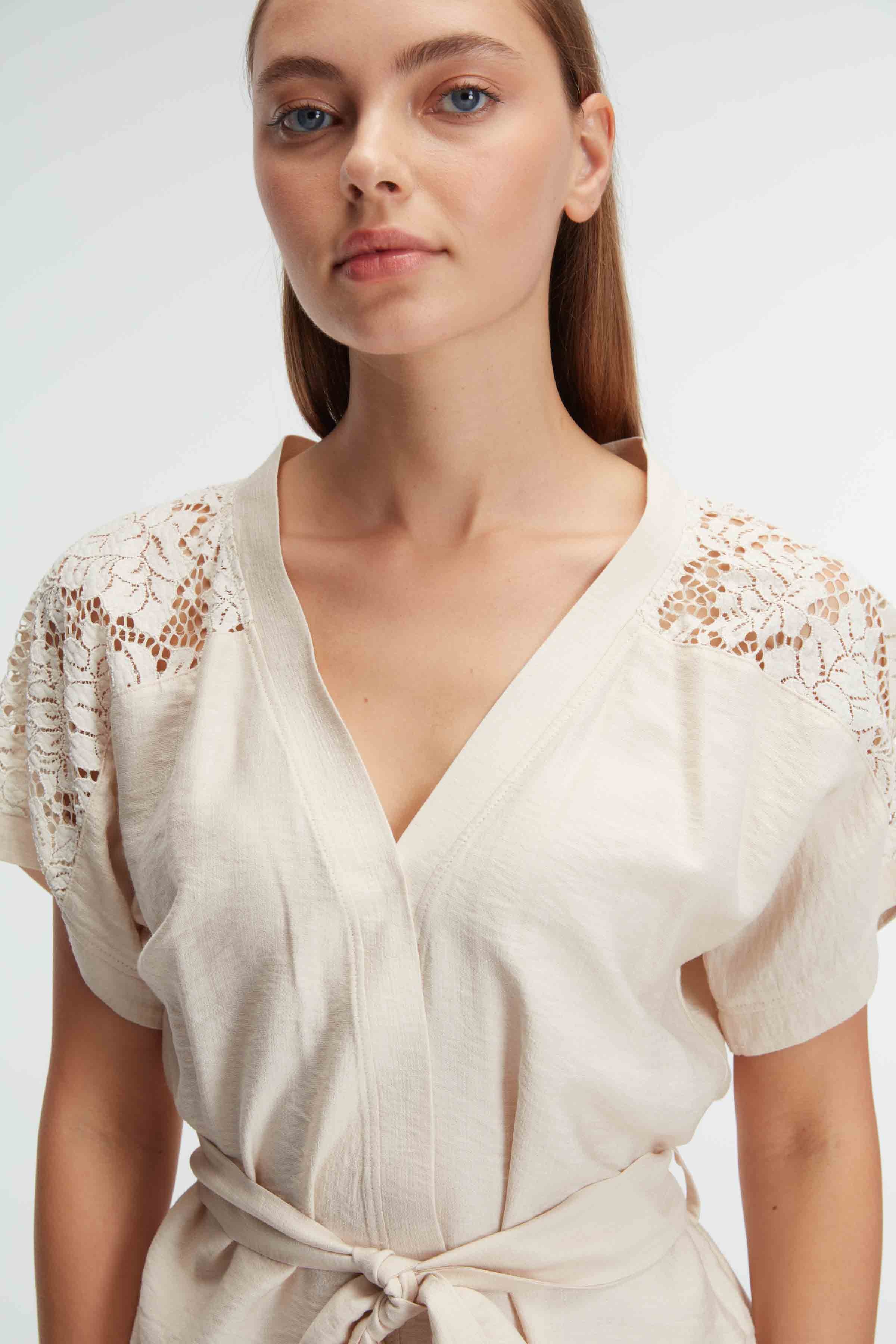 Ensemble, Col en V, Manches Courtes, Dentelle PREMIUM