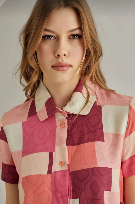 Ensemble Pyjama 2 Pièces Rose Bordeaux à Motif Carré