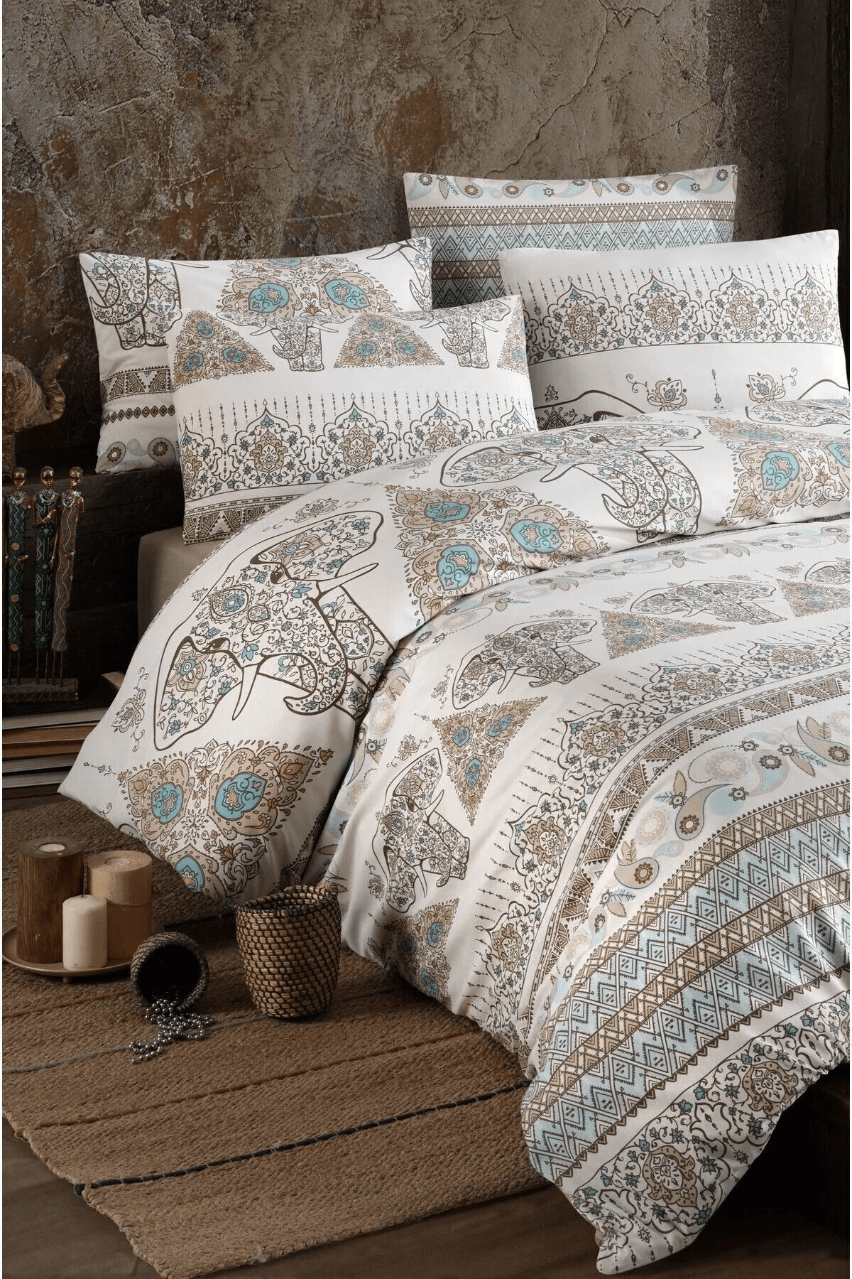 Parure de Lit Double Polycoton BOURGOGNE Housse - Drap - 4 Taies d'oreiller