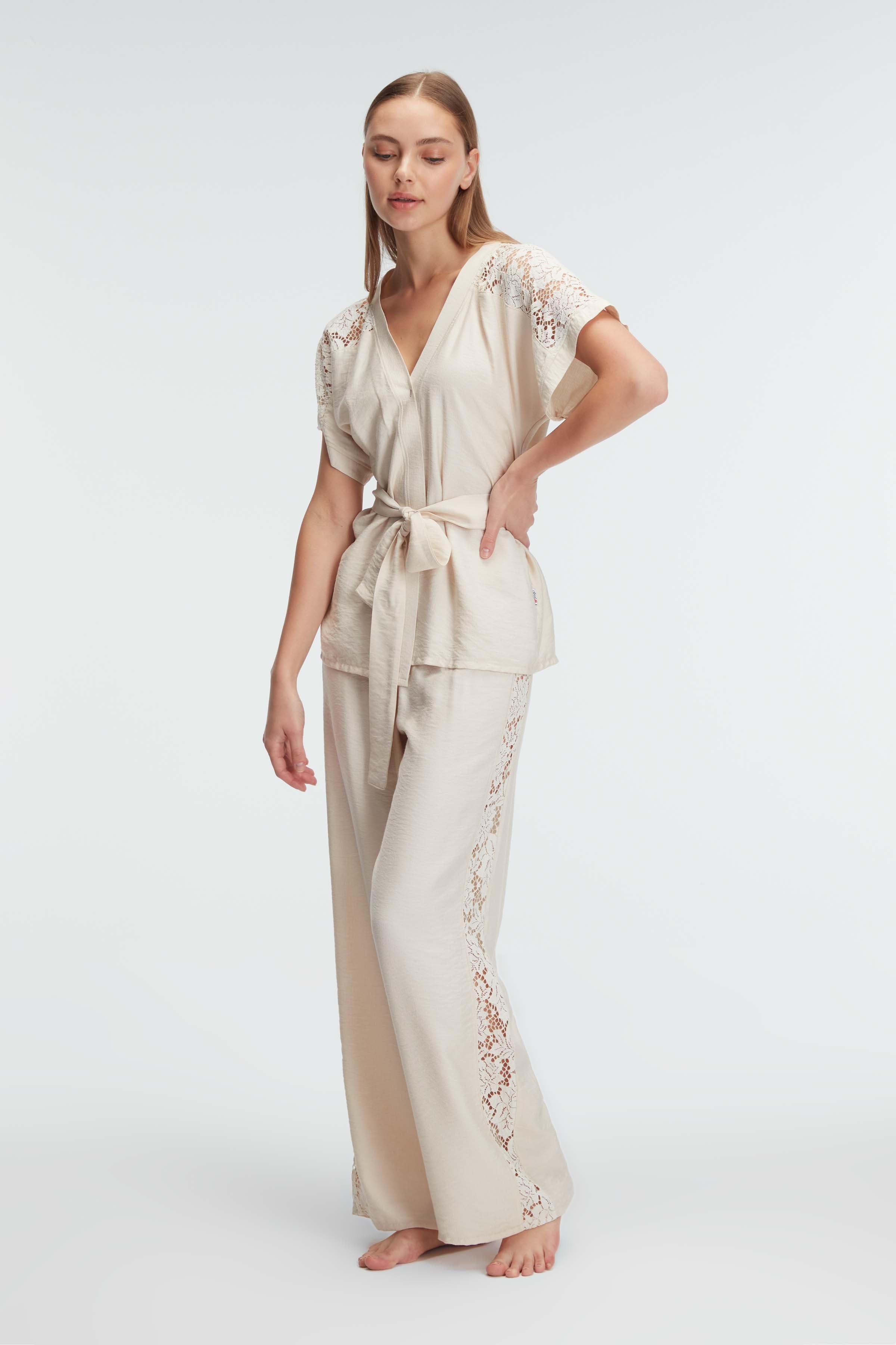 Ensemble, Col en V, Manches Courtes, Dentelle PREMIUM
