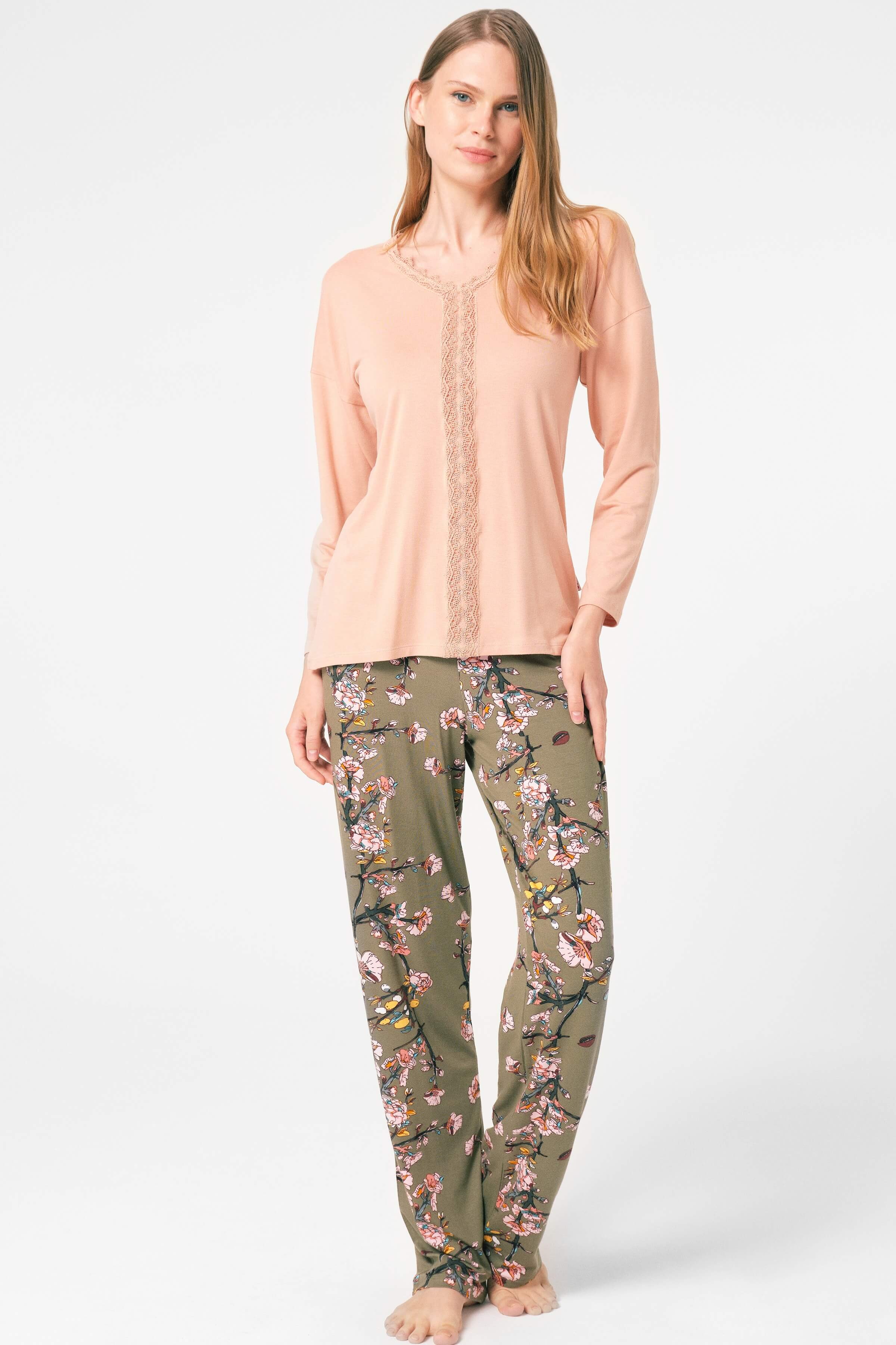Ensemble pyjama à motifs floraux, manches longues, col V tricoté, avec dentelle image